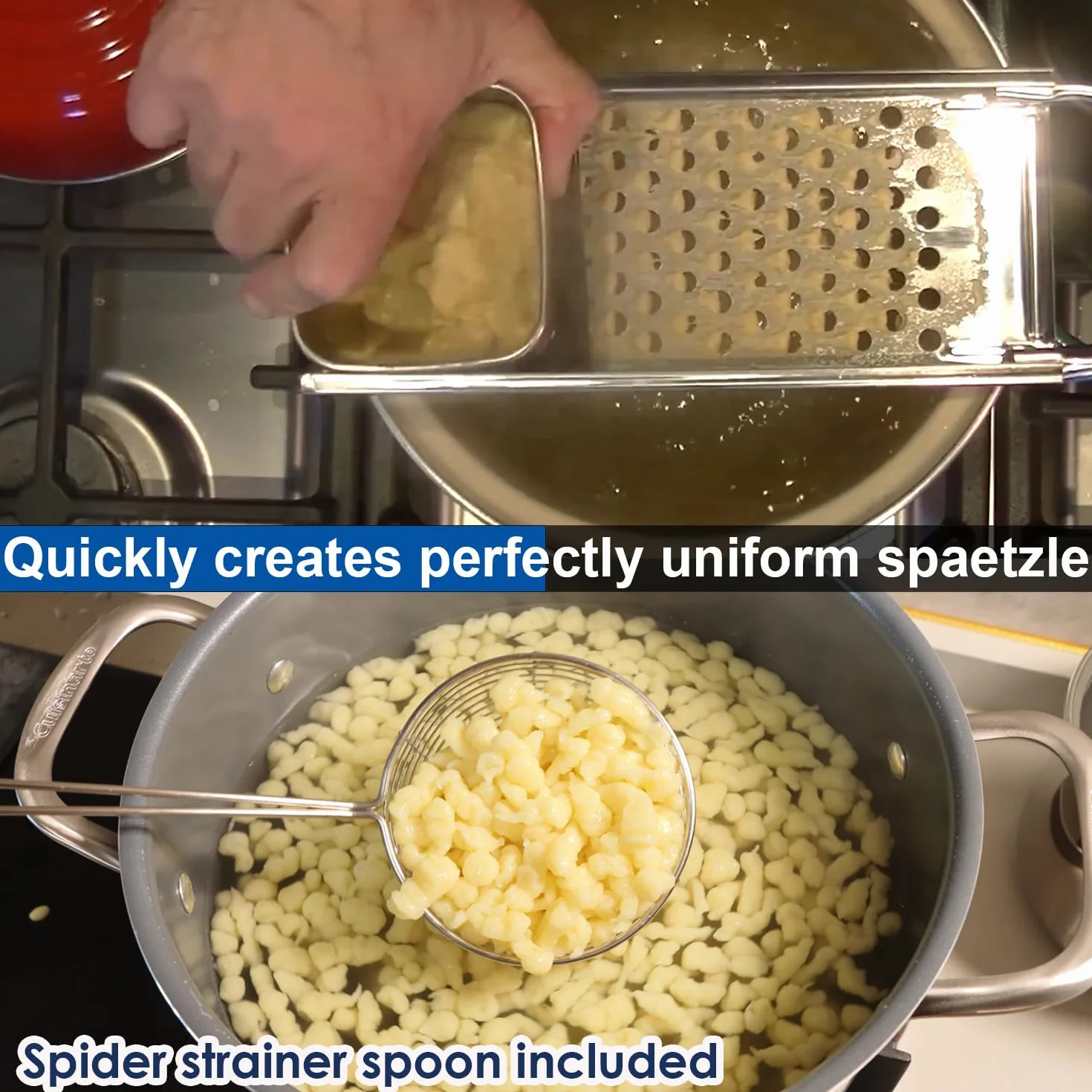 Spaetzle de acero inoxidable de grado premium con mango de agarre cómodo, cuchara de acero inoxidable con cepillo de limpieza, juego de herramientas para hacer bolas de masa hervida alemanas caseras