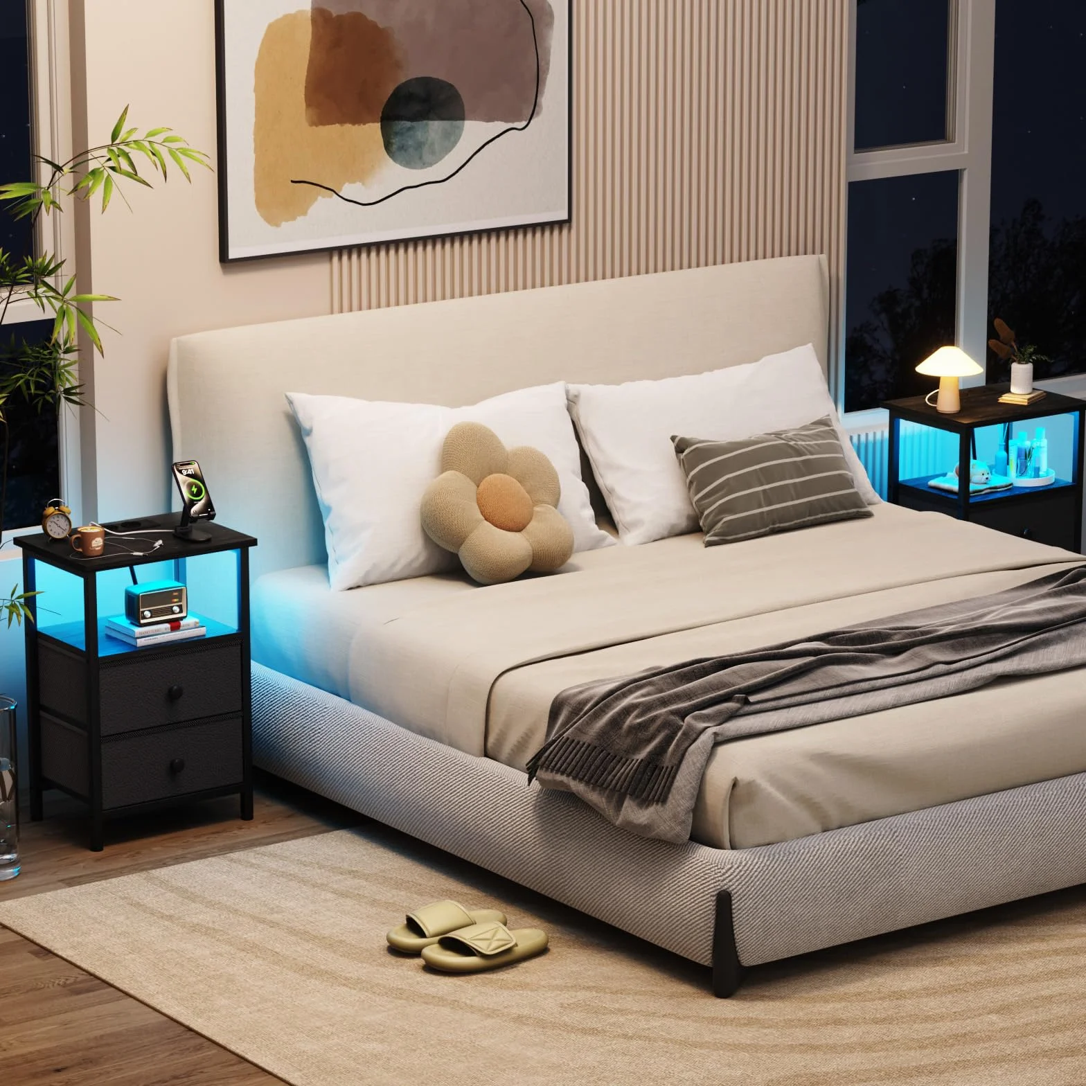 AMHANCIBLE Mesita de Noche, Mesitas de Noche con Estación de Carga, Mesa Auxiliar con 2 Cajones de Tela, 2 Tomas AC, 2 Puertos USB, Dormitorio, Salón, Estudio, Negro, EHETS02BK-1