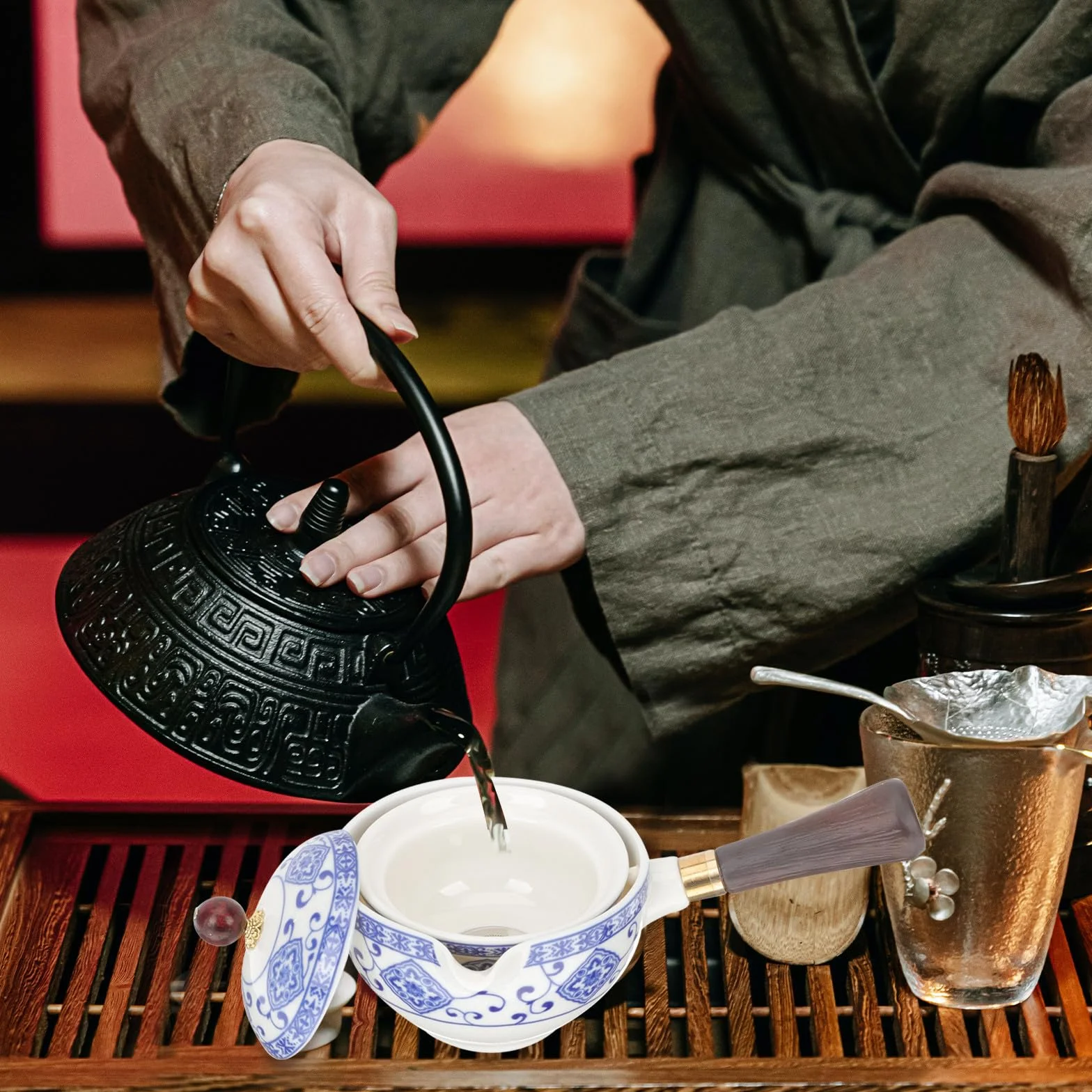 Juego de Té Chino de Cerámica Estilo Chino Tetera y 4 Tazas Fácil de Limpiar y Verter Adecuado para Aficionados al Té en Casa