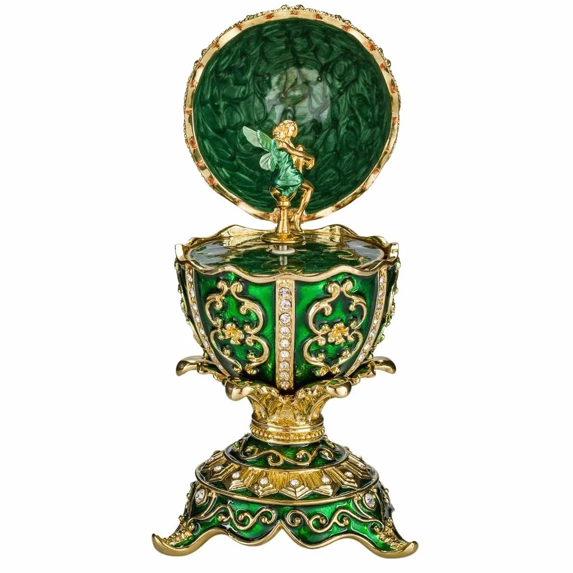 danila-souvenirs Huevo al estilo Fabergé caja de joyería musical con figura de hada 12,5 cm verde