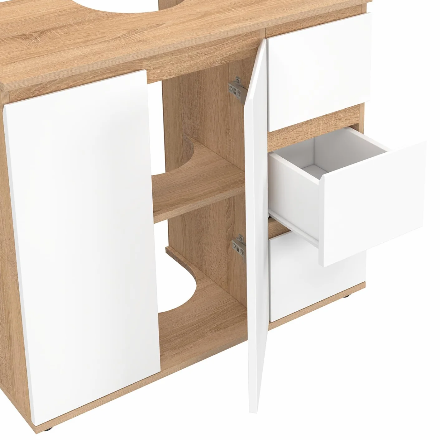 IDMarket: mueble bajo lavabo para baño TOMI con armario y 3 cajones estilo haya y blanco