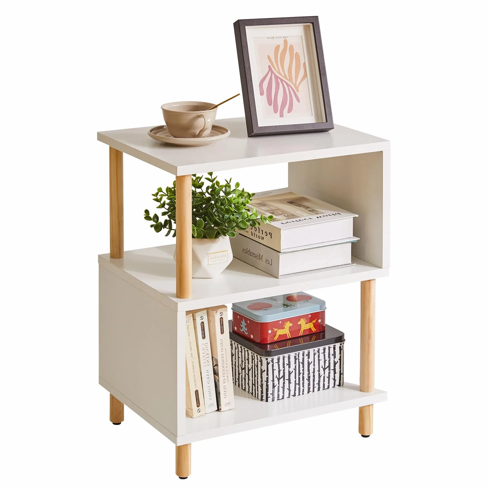 Aibiju Mesa Auxiliar Blanca, Mesa Auxiliar Pequeña, Mesita de Noche Moderna para Dormitorio/Sala de Estar/Pasillo/Oficina, Blanco+Patas de Madera Natural, YD-TM152W