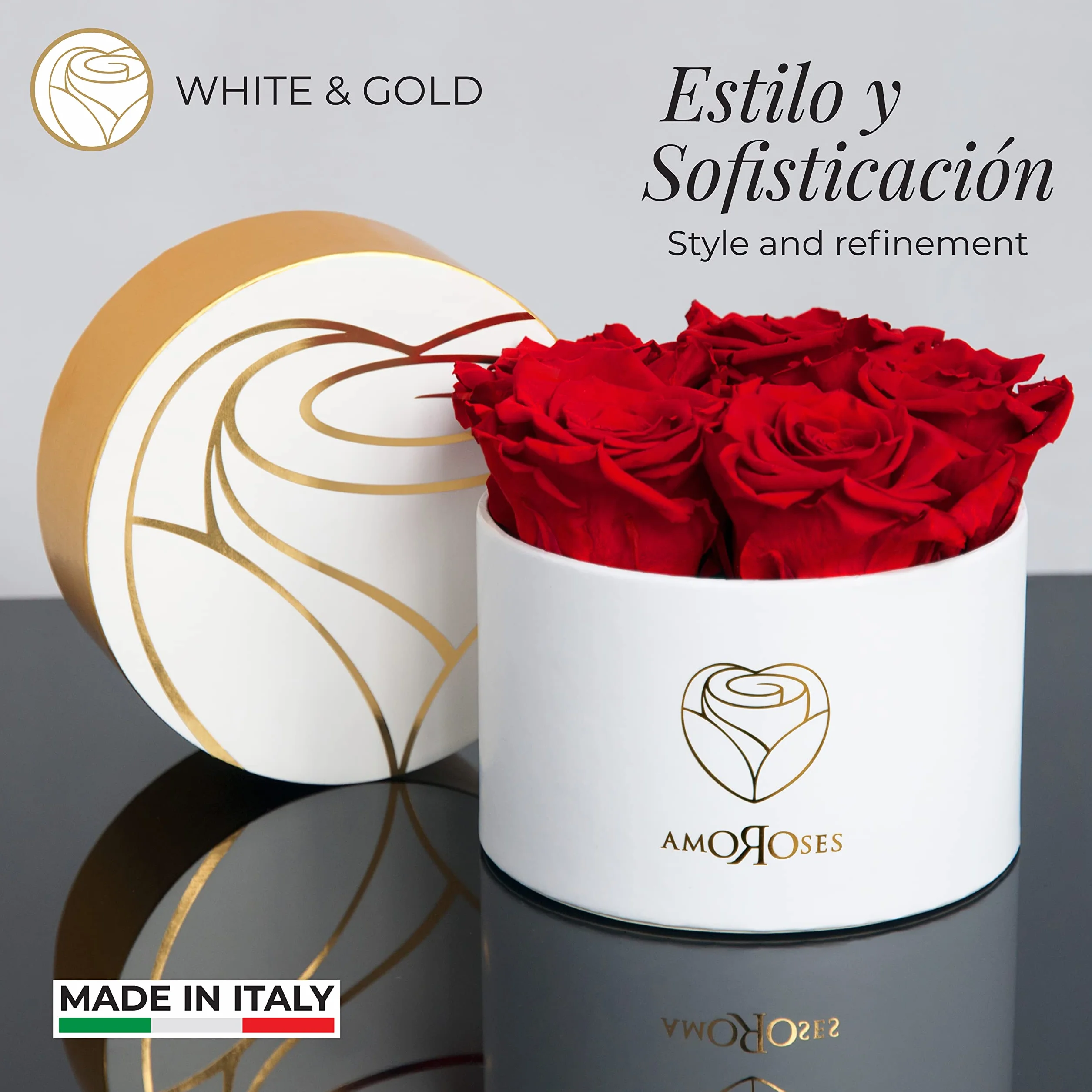 Amoroses Petite - Caja de Regalo 5 Rosas Eternas Estabilizadas - Elegante Ramo de Flores Reales | Idea de regalo (Petite Caja Blanca con Rosas Rojas)