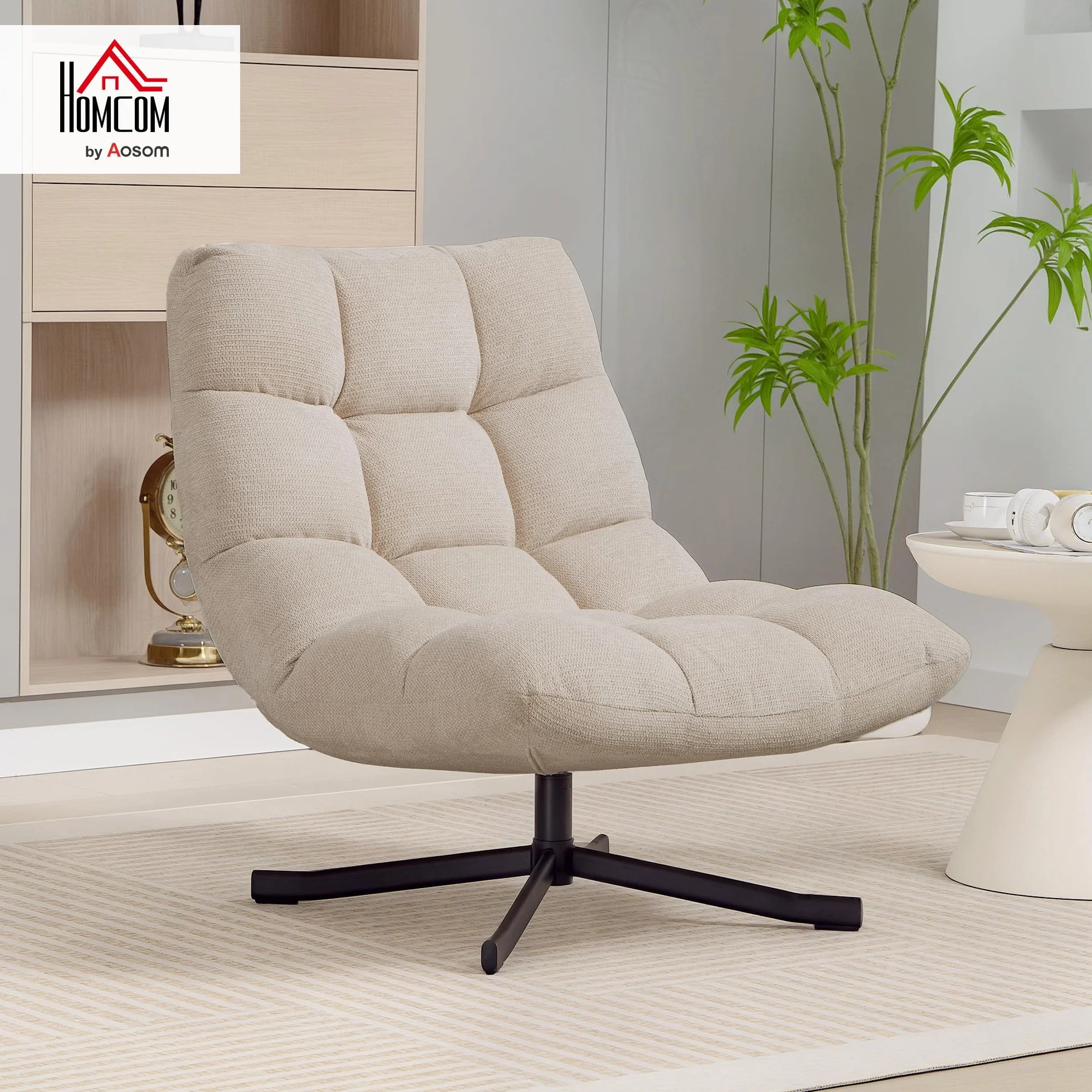 HOMCOM Sillón Giratorio Moderno, Butaca de Salón con Respaldo Plegable, Base de Cruz, Tapizado en Chenilla Impermeable, Asiento Extra Ancho y Patas de Acero, para Sala de Estar, Dormitorio, Crema