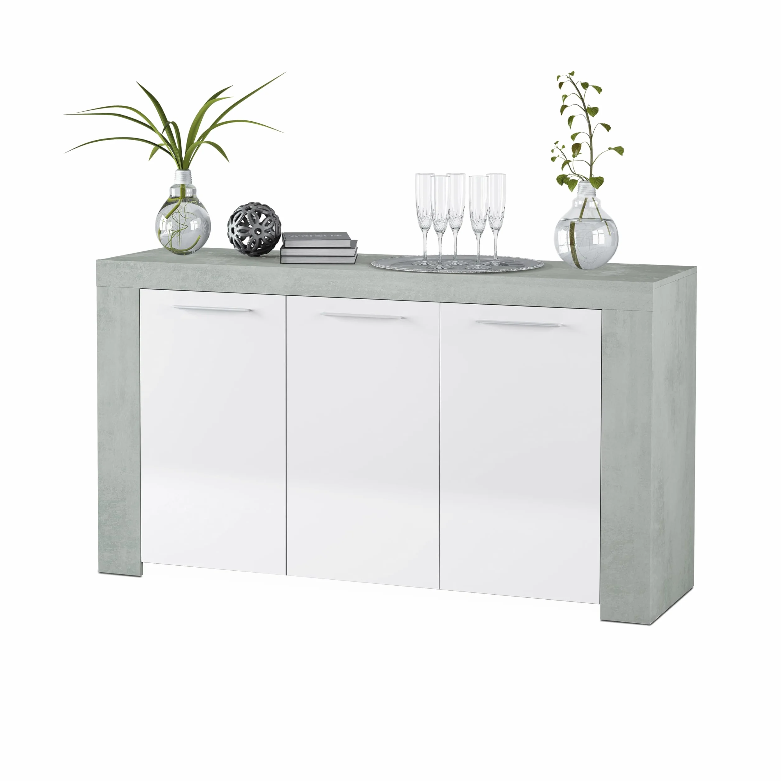 Aparador Buffet Moderno Armario Auxiliar Comedor Modelo Dara Blanco Gris Cemento 144x42x80 cm