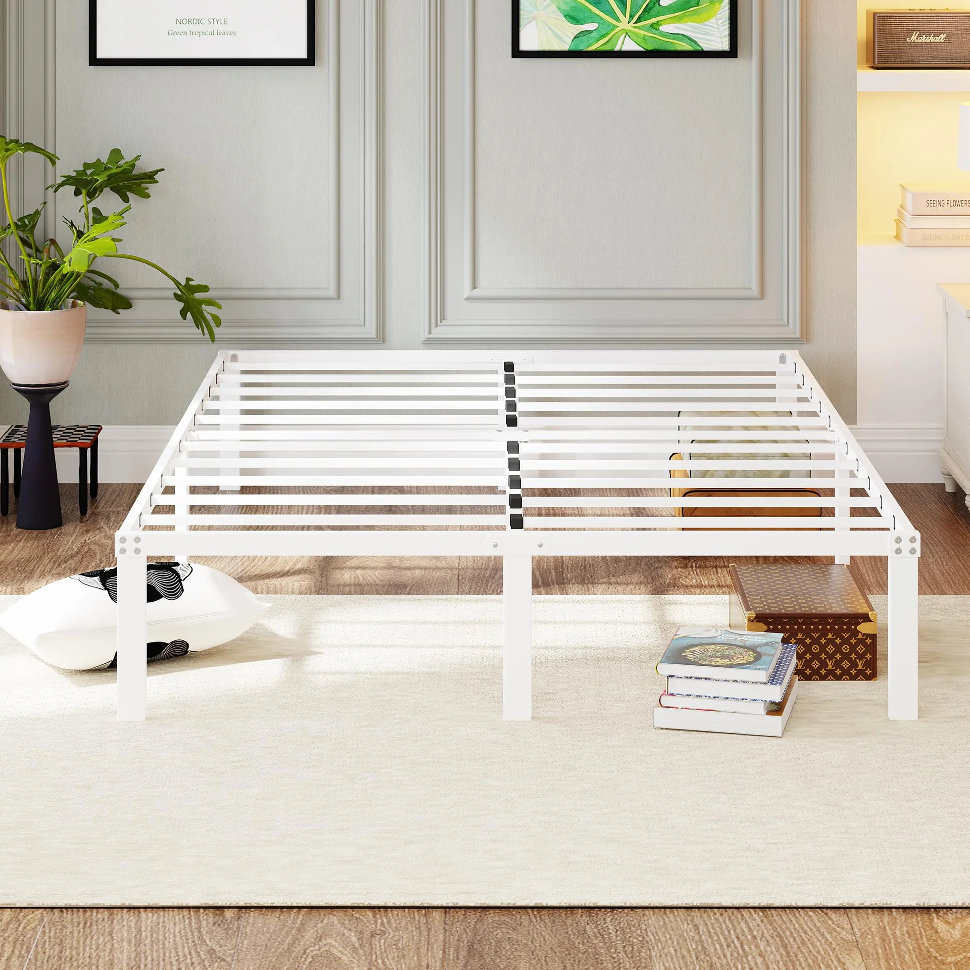Cama con plataforma de metal, marco de cama de 140 x 200 cm, cama de metal con somier de láminas de metal, moderna cama de metal para adultos, niños, adolescentes, fácil montaje, cama doble