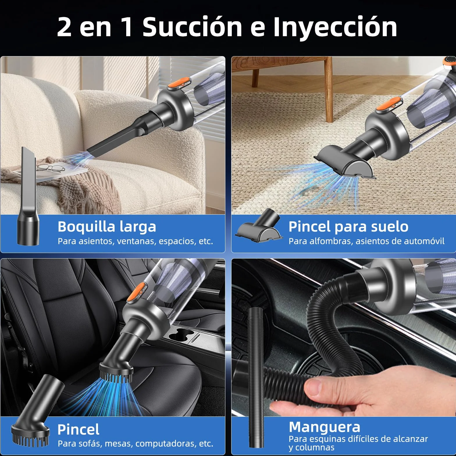 Aspirador de Mano 26000Pa 4-en-1 Sin Cable Motor Sin Escobillas Pantalla HD Iluminación LED Naranja