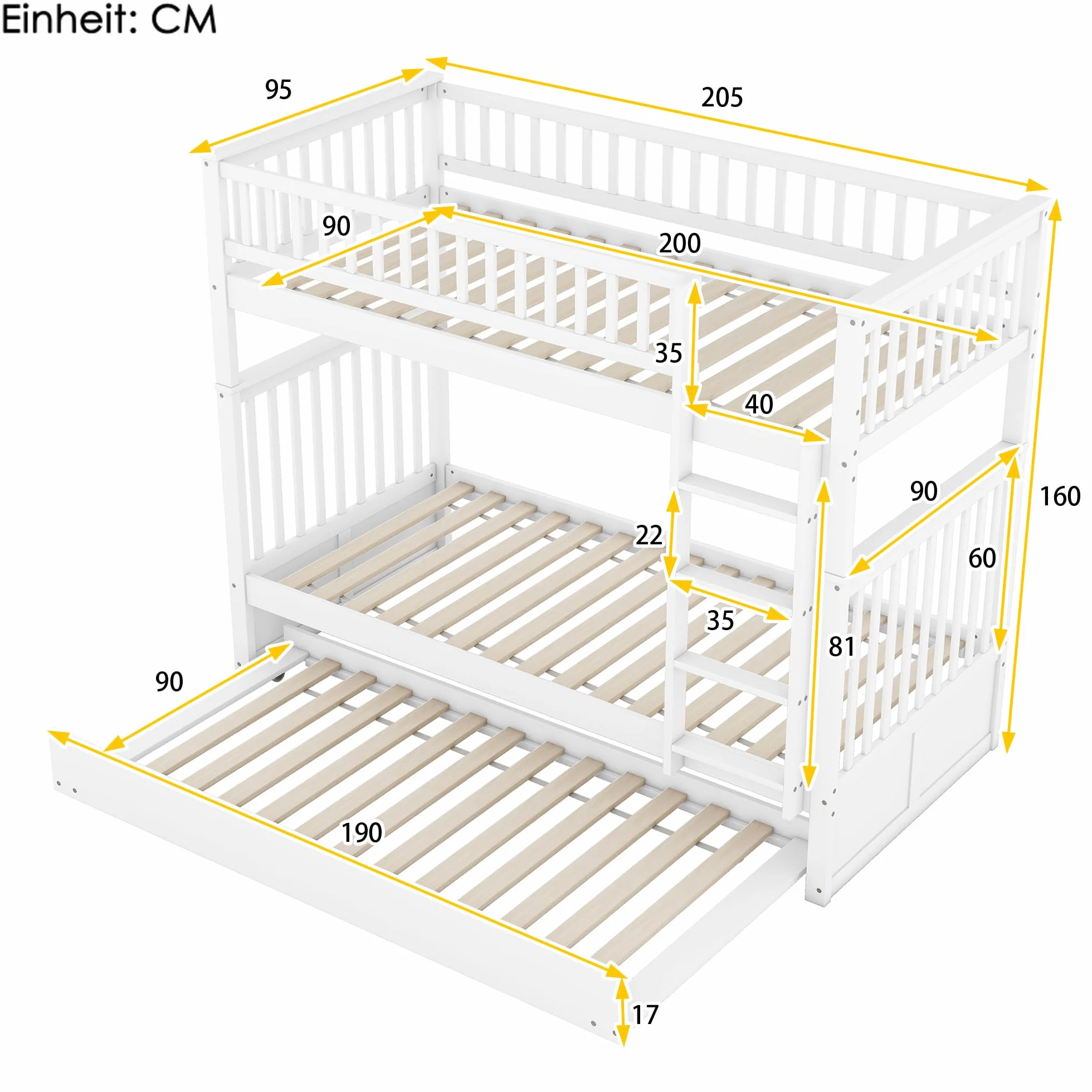 Moimhear Literas de 90 x 200 cm, camas infantiles, literas triples con cama nido, barandilla alta, escalera estable (blanco)