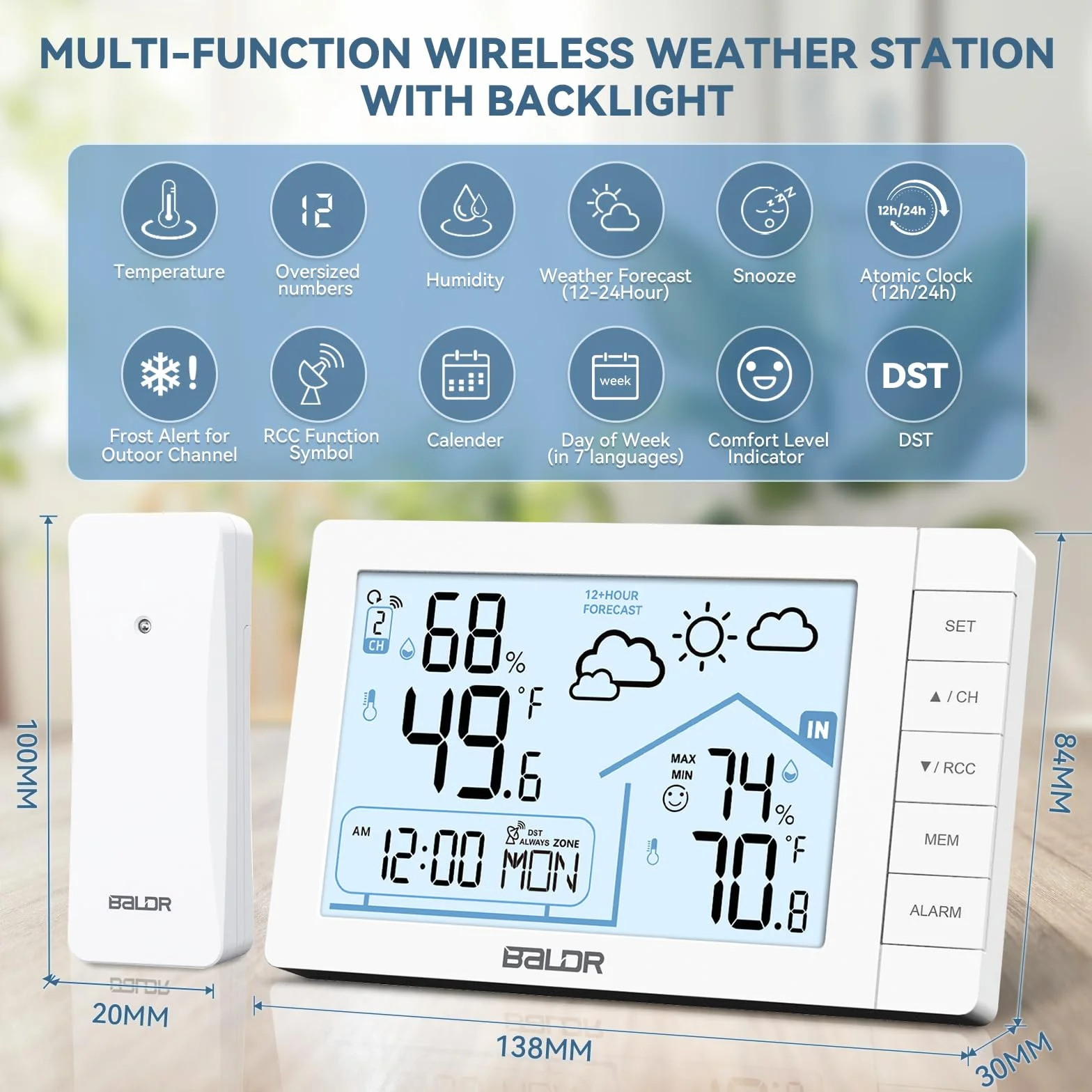Estación Meteorológica Inalámbrica con Sensor, Termómetro Interior y Exterior, Medidor de Humedad, Pronóstico del Tiempo, Reloj Despertador Digital Pared con Alarma, Fecha