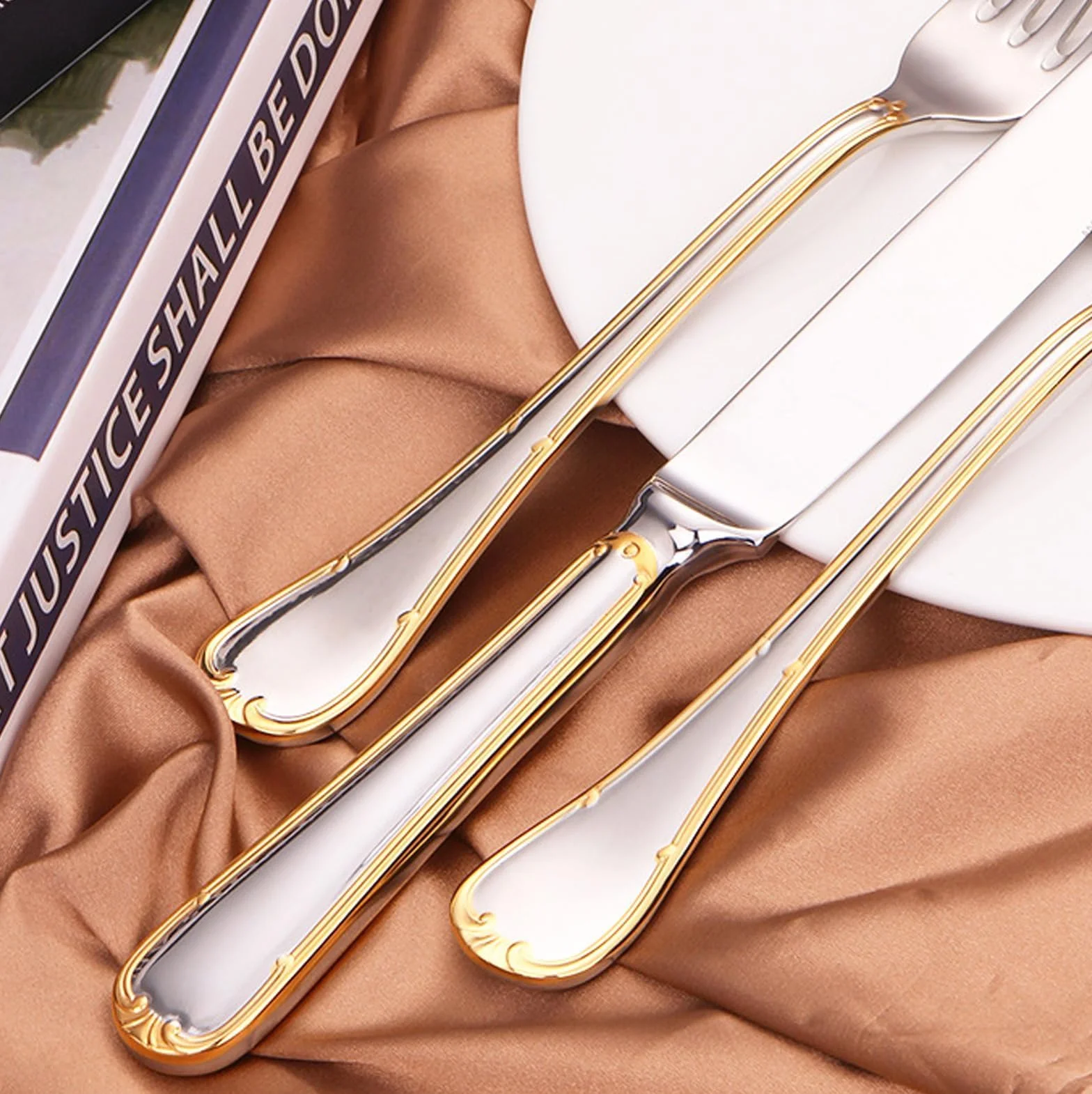 H3TF5J Juego de cubiertos de acero inoxidable 18/10, juego de 54 piezas de plata dorada, cubiertos aptos para lavavajillas, cubiertos minimalistas modernos, cubiertos de hotel para banquetes de boda