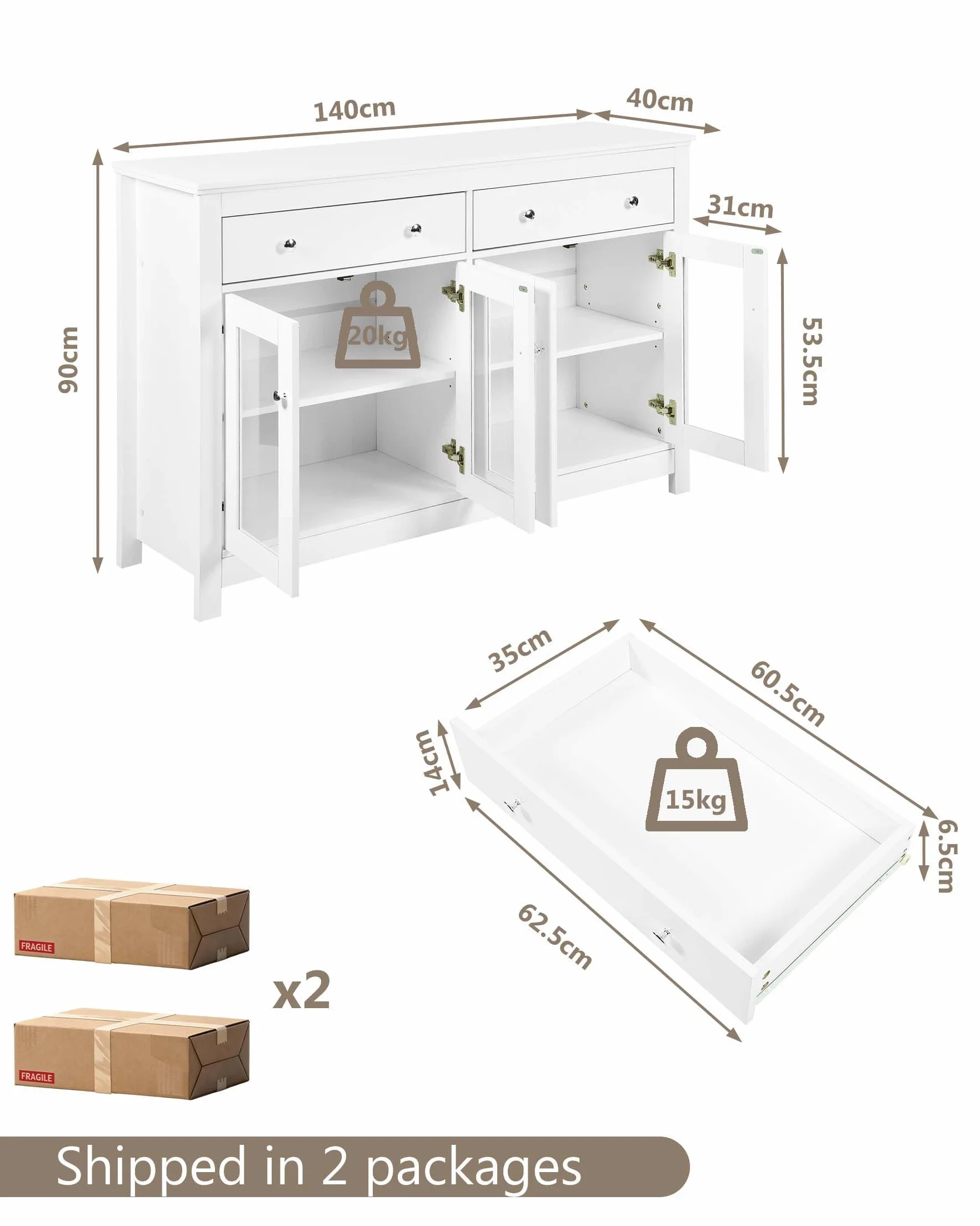Aparador Blanco de Cocina, Mueble Auxiliar Moderno con Puertas de Vidrio y Alacena Grande con Cajones para Salón o Comedor 140x40x90.7cm
