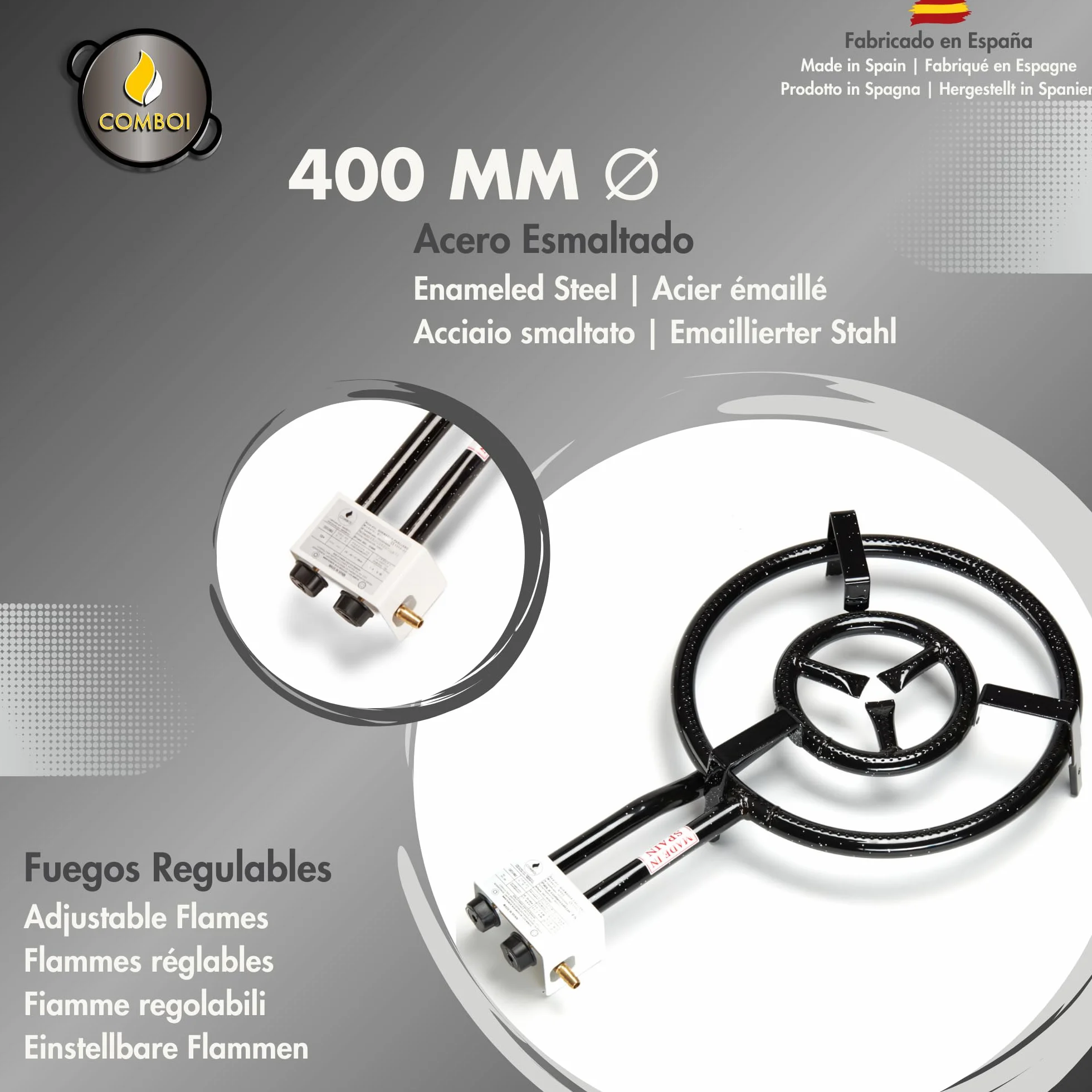 COMBOI Paellero gas butano 40 cm, paellera esmaltada de 46 cm,paella Kit Quemador, Regulador de gas, Manguera, Patas Soporte, nivel, delantal, Libro de Recetas digital