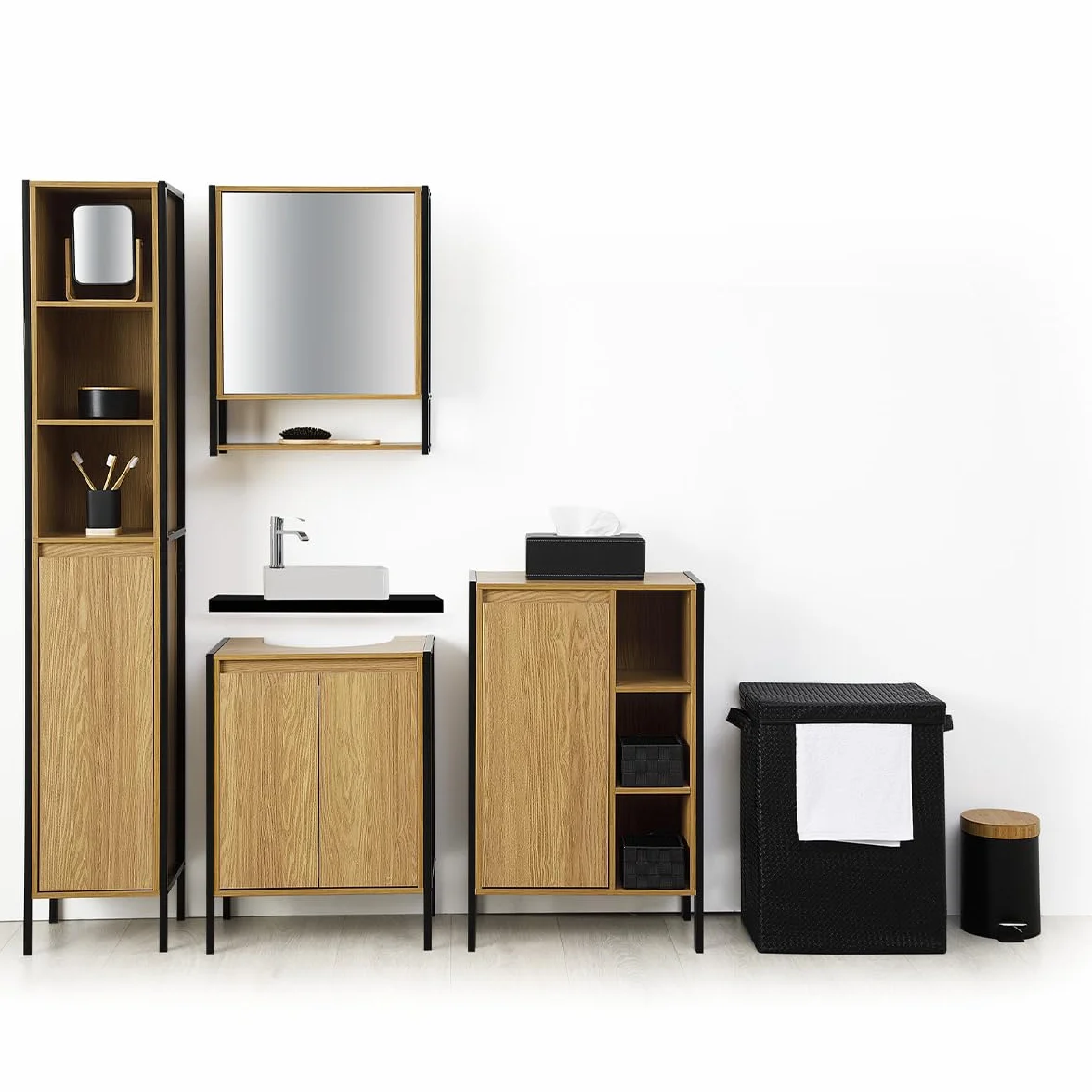 Papelera con Pedal Naturéo Black 3 l Metal Tapa de bambú Cubo extraíble