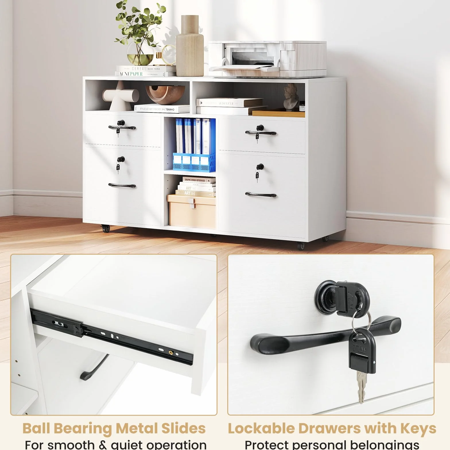 KOMFOTTEU Armario Archivador con Ruedas, Cajonera Escritorio con Cerradura con 4 cajones, Soporte para Impresora con Estante Ajustable para Carpetas A4/Carta para Oficina, 104 x 35 x 65,5 cm (Blanco)
