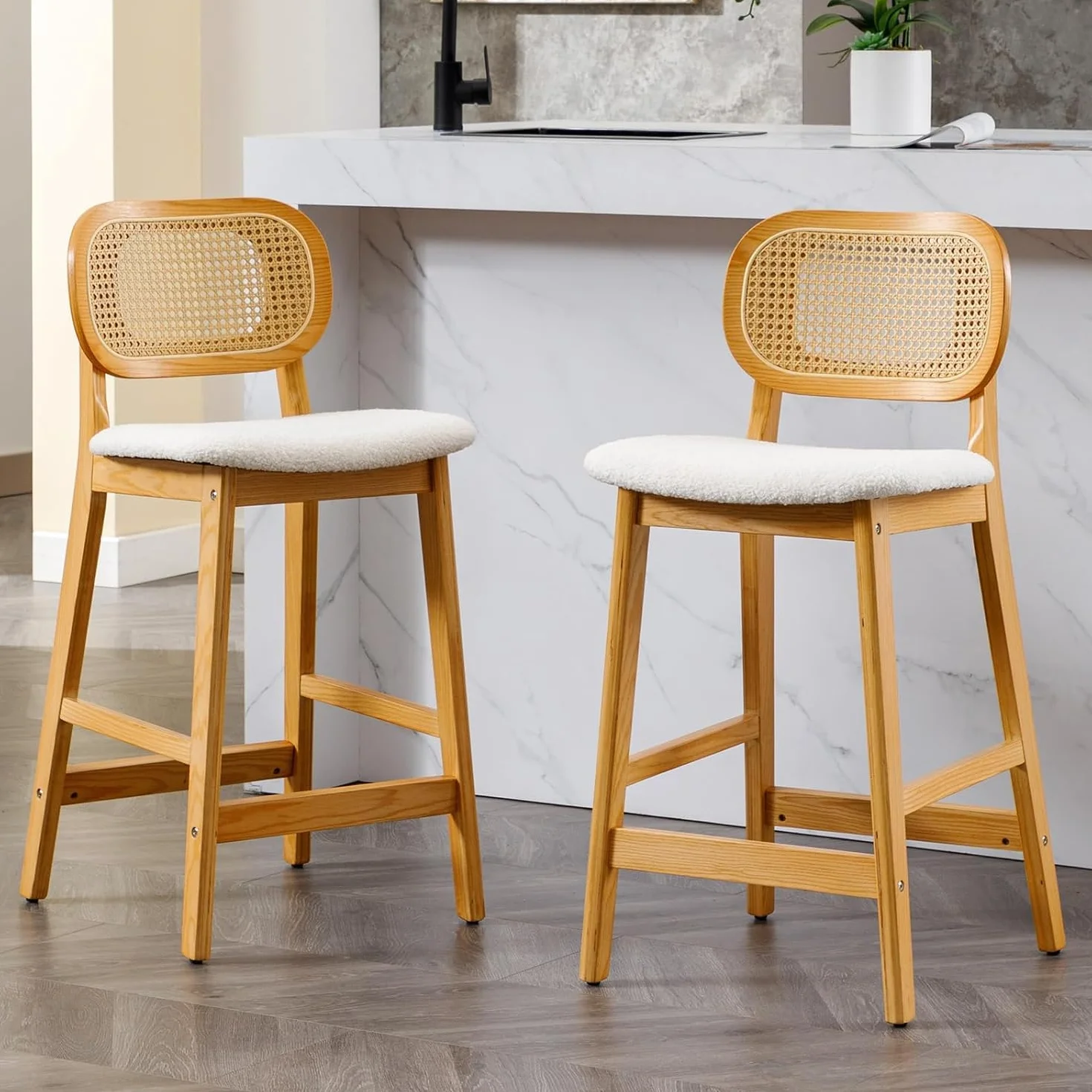 chairus Juego 2 de Taburetes Altos de Cocina de Madera Taburetes de Bar con Respaldo Ratán, Sillas Altas con Asiento de Lana Sintética para Isla de Cocina, Beige