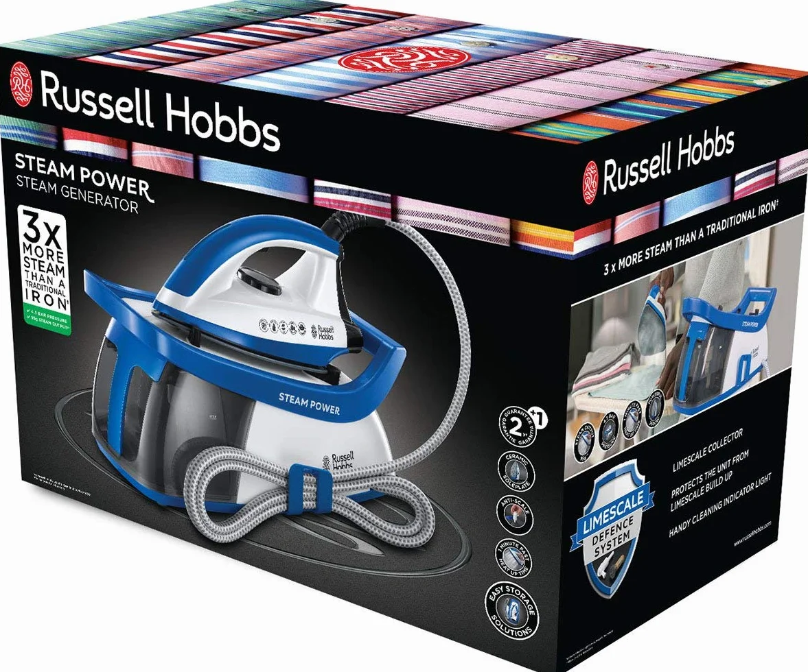 Russell Hobbs Centro de Planchado Steam Power - 2600 W, Suela Cerámica, Presión 4,5 Bares, Depósito 1,3L, Antical, Golpe Vapor 120 g, Recogecable, Indicador Luminoso, Blanco y Azul - 24430-56