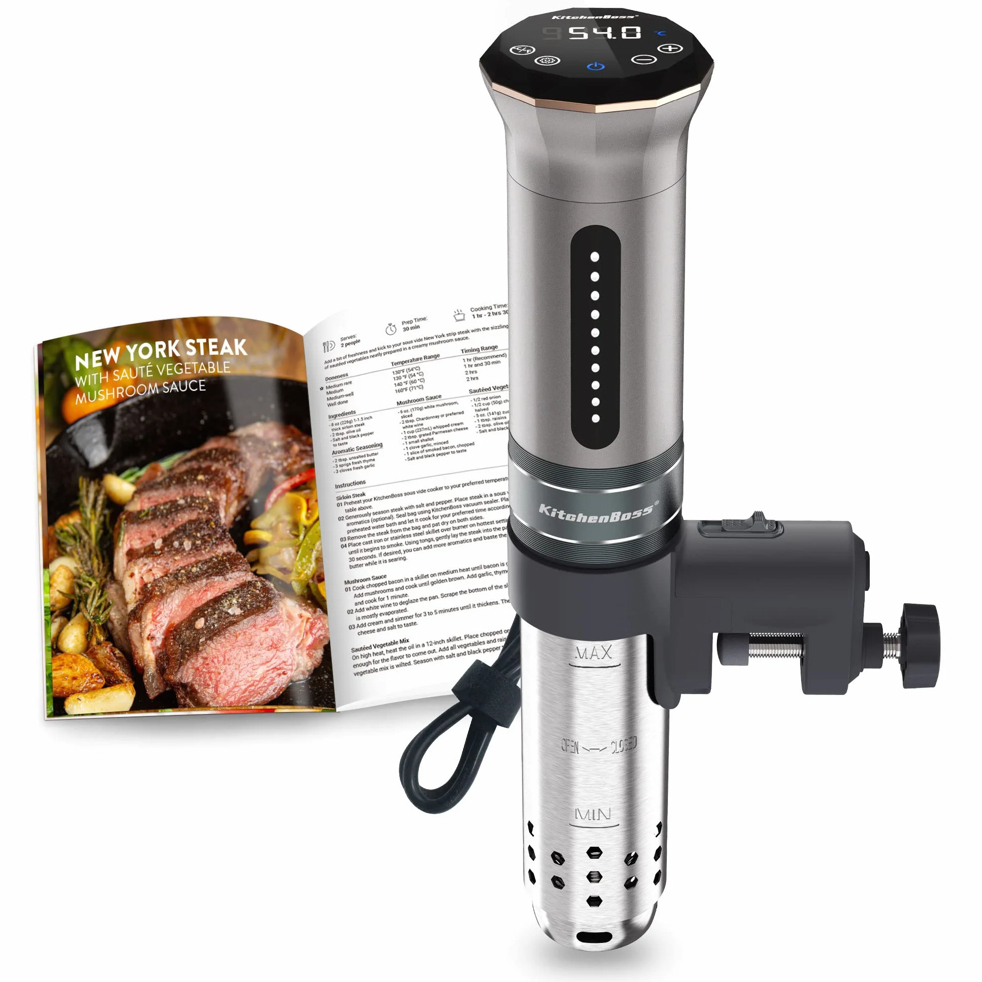 KitchenBoss Sous Vide Stick 1100 W: IPX7 resistente al agua Sous Vide Garer, ciculador de inmersión con pantalla LED y termostato ajustable para una cocción precisa, acero inoxidable plateado