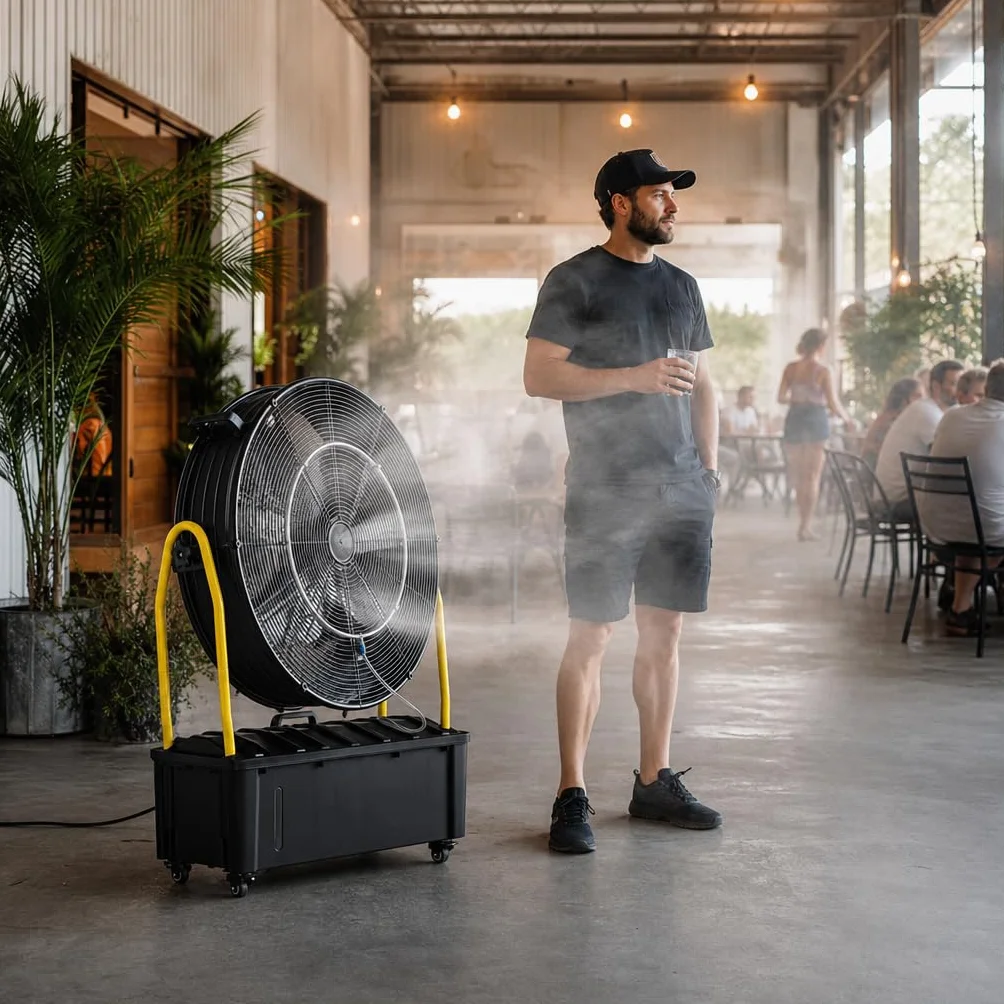 Ventilador Industrial Nebulizador de Pie con Depósito de Agua 25L, Motor 300W, 3 Aspas, 3 Velocidades, Diámetro 65 cm, Flujo 9870 m³/h, Cabezal Orientable, Ruedas Multidireccionales