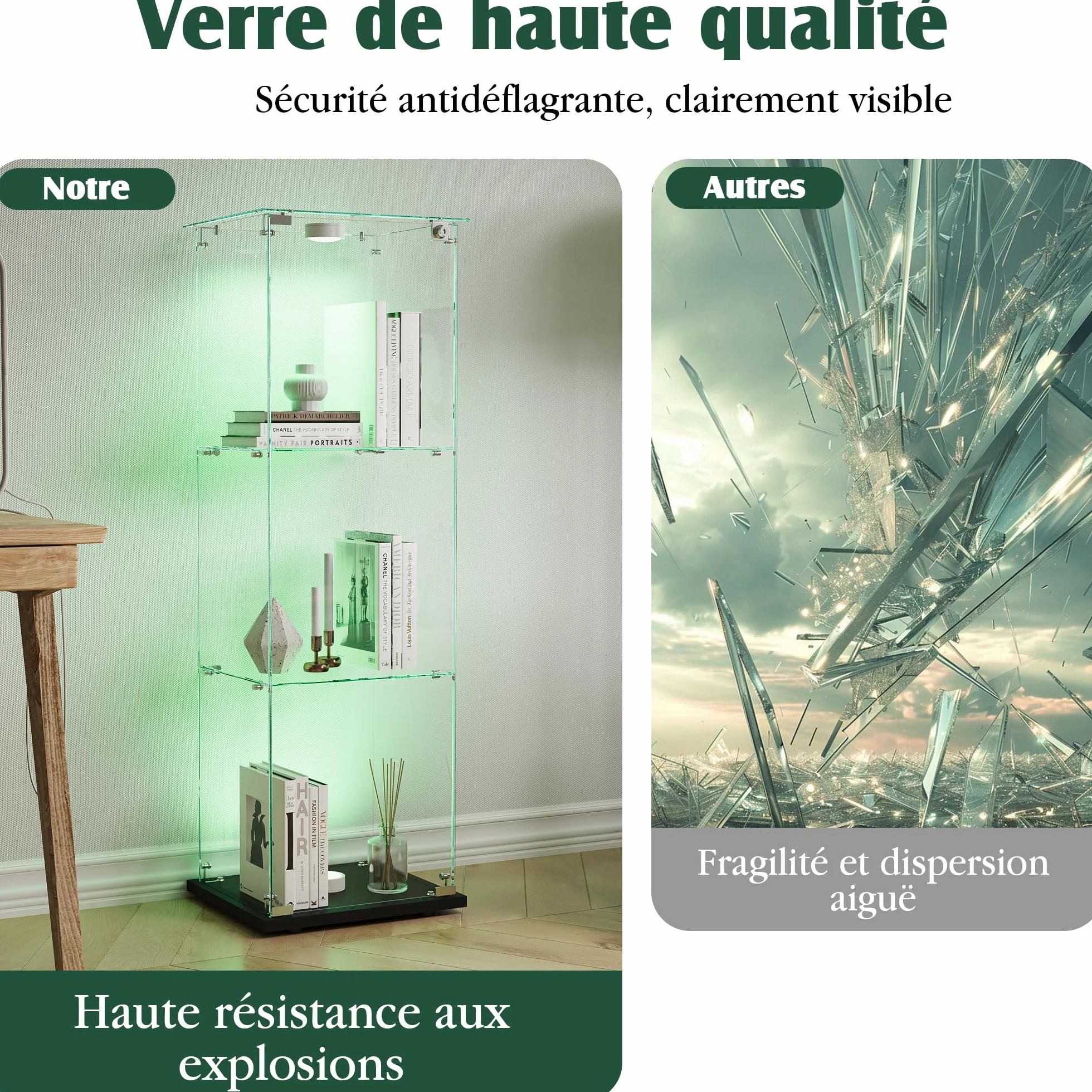 vitrina de cristal con LED, armario para colección transparente, mueble de cristal con 1 puerta y cerradura, 3 estantes, 123x40x35 cm, negro