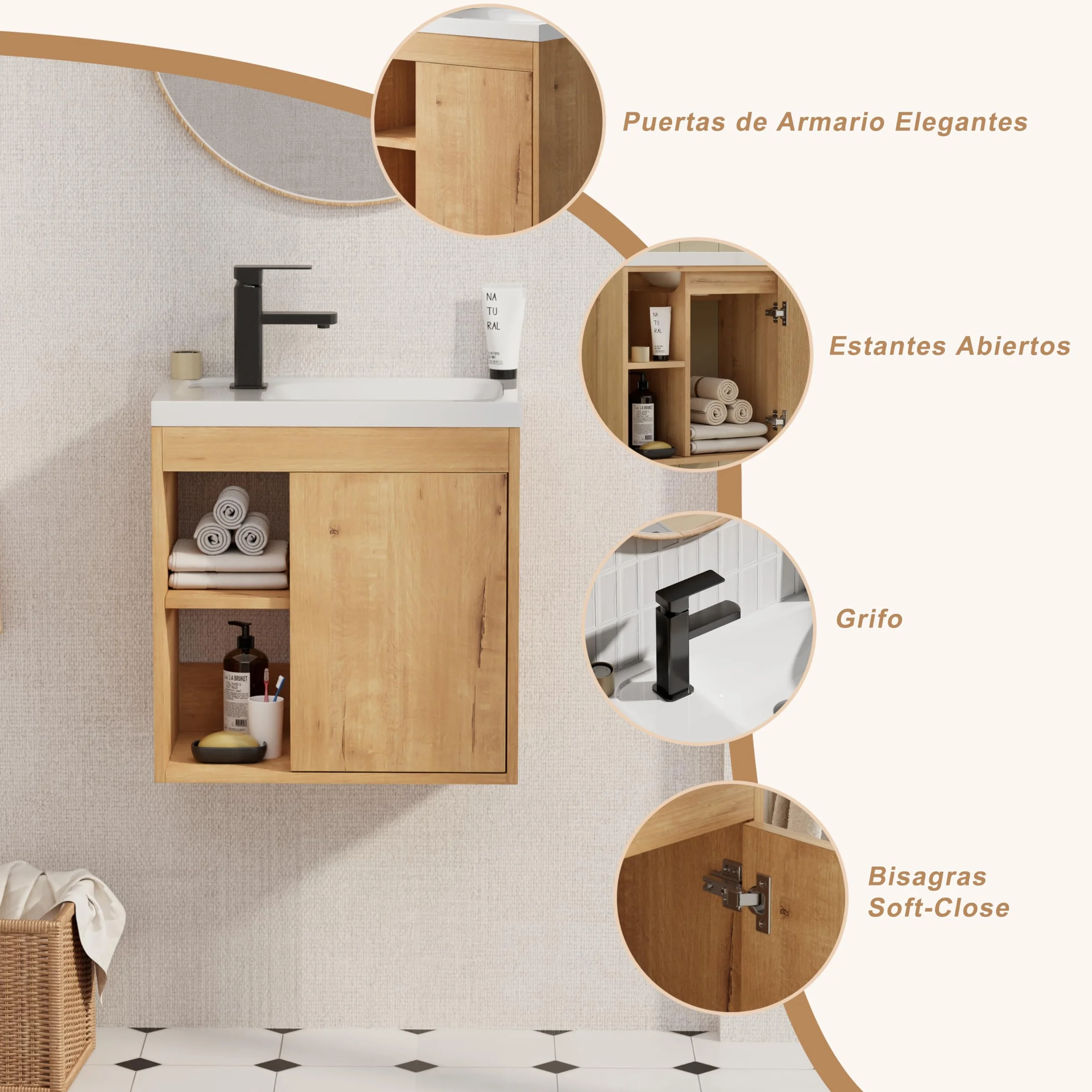 UEV Mueble de Baño con Lavabo de Resina, Mueble de Baño Suspendido con Diseño Único y Practicidad, Modelo de Madera Natural, 50,5 x 30 x 50 cm, Natural