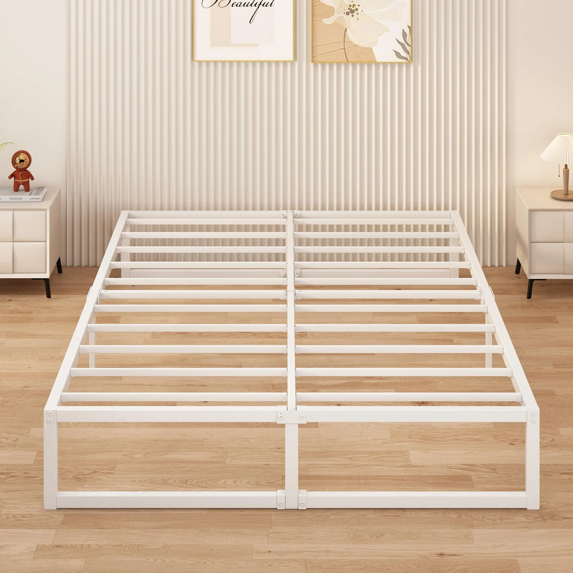 Yicensen Cama de Metal de 150 x 190 cm con Somier de Láminas de Metal, 36 cm de Altura, Marco de Camas Matrimoniales, Montaje Fácil, Estable, Blanco