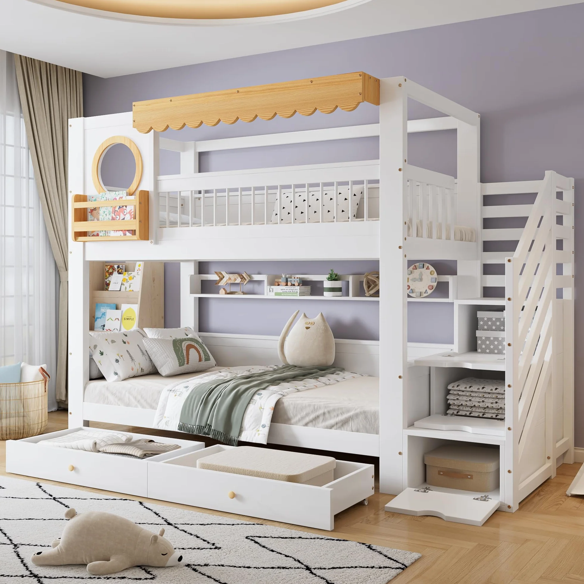 Dolamaní Cama infantil litera, 90 x 200 cm, litera para 2 niños y 2 cajones con ruedas, cama de casa con espacio de almacenamiento, escalera de madera de pino MDF, cama para niñas (sin colchón