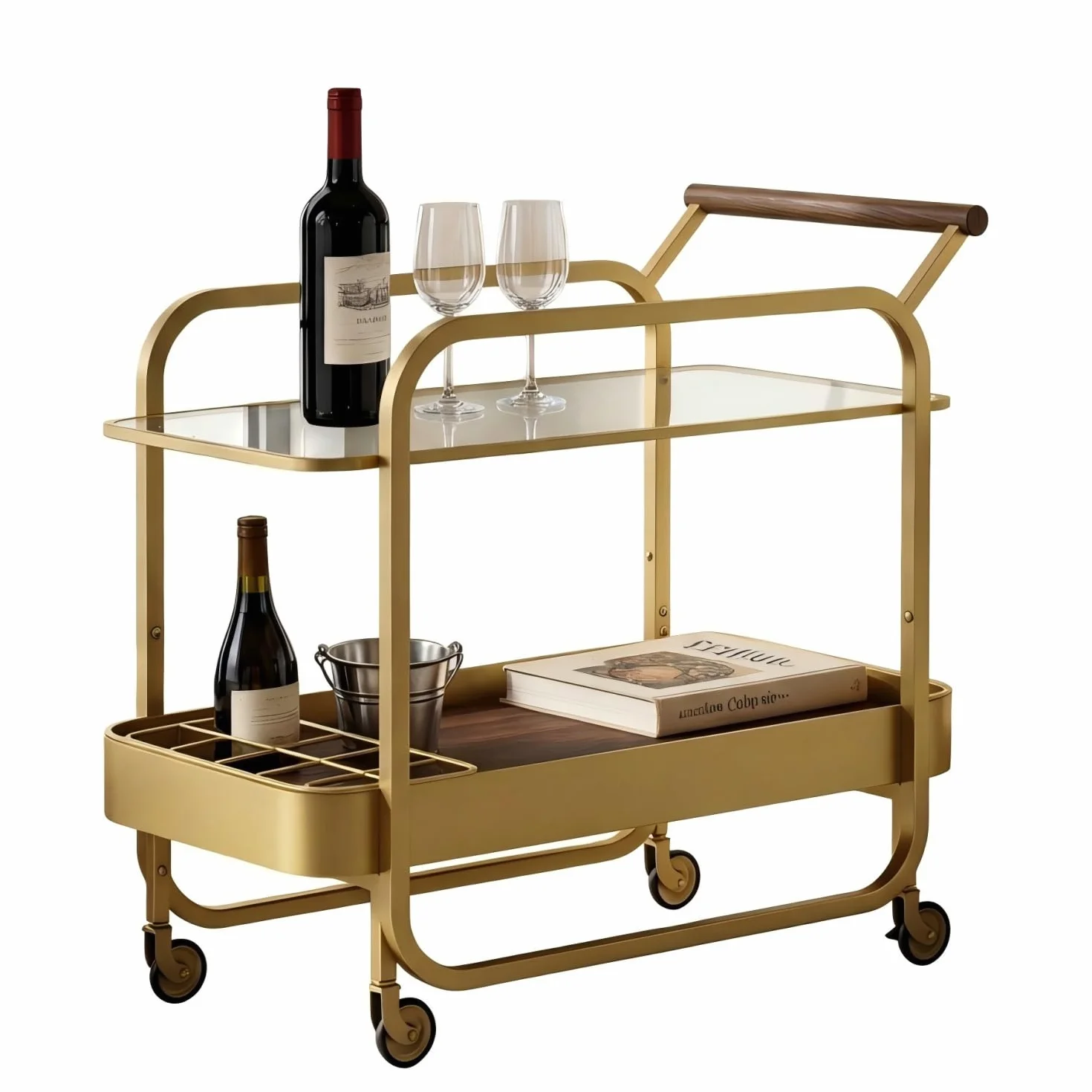 Carrito de Bar 2 Niveles, Carrito de Bebidas con Bandeja de Vidrio Templado y Rejilla para Botellas, Carro de Bar con Ruedas Bloqueables, Carrito Multiusos para Cocina, Salón, Dorado