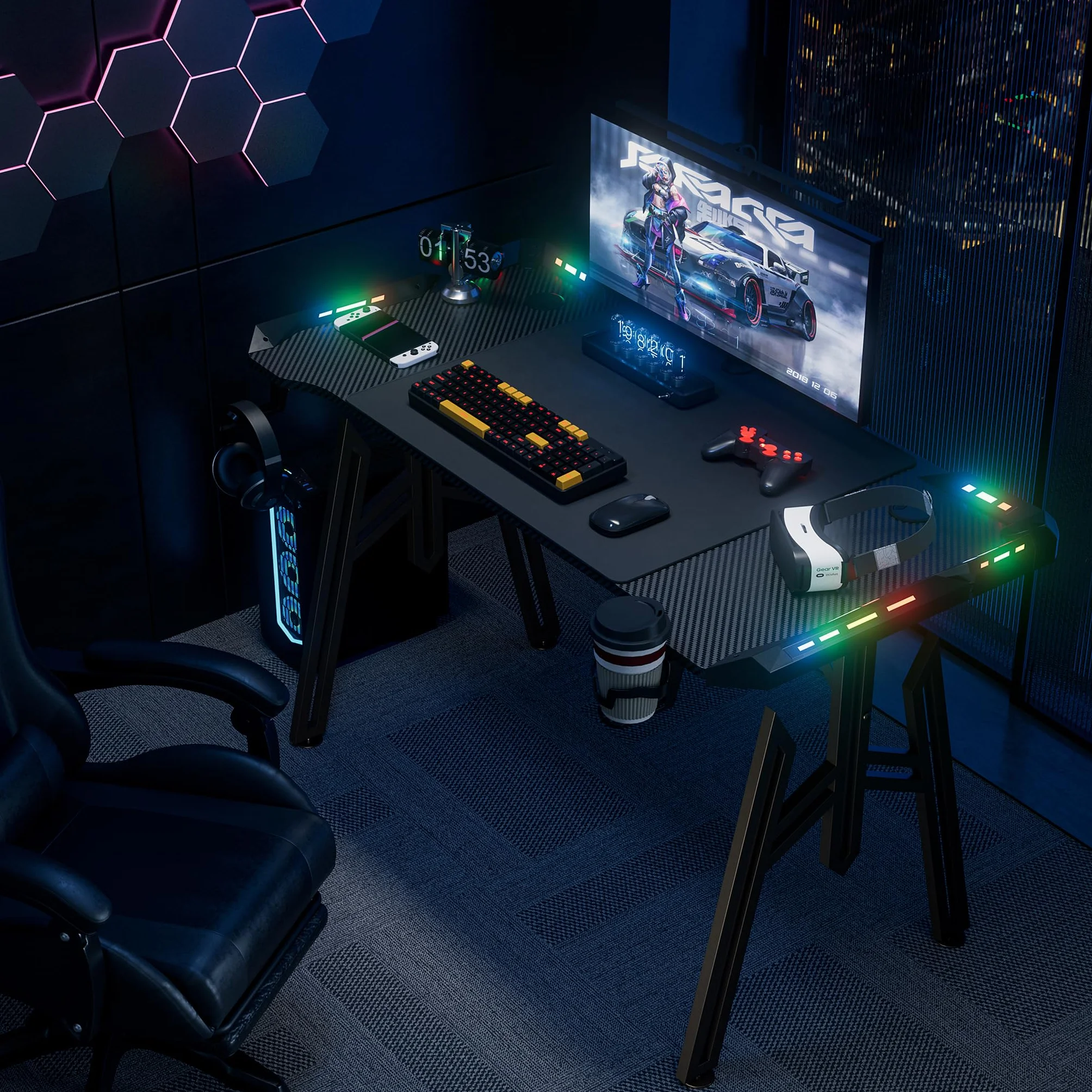 NAIZY Mesa de gaming 160 cm LED escritorio incluye soporte para auriculares, soporte para vaso de agua y orificio para cable, mesa de ordenador de fibra de carbono para PC Gamer, en marco M