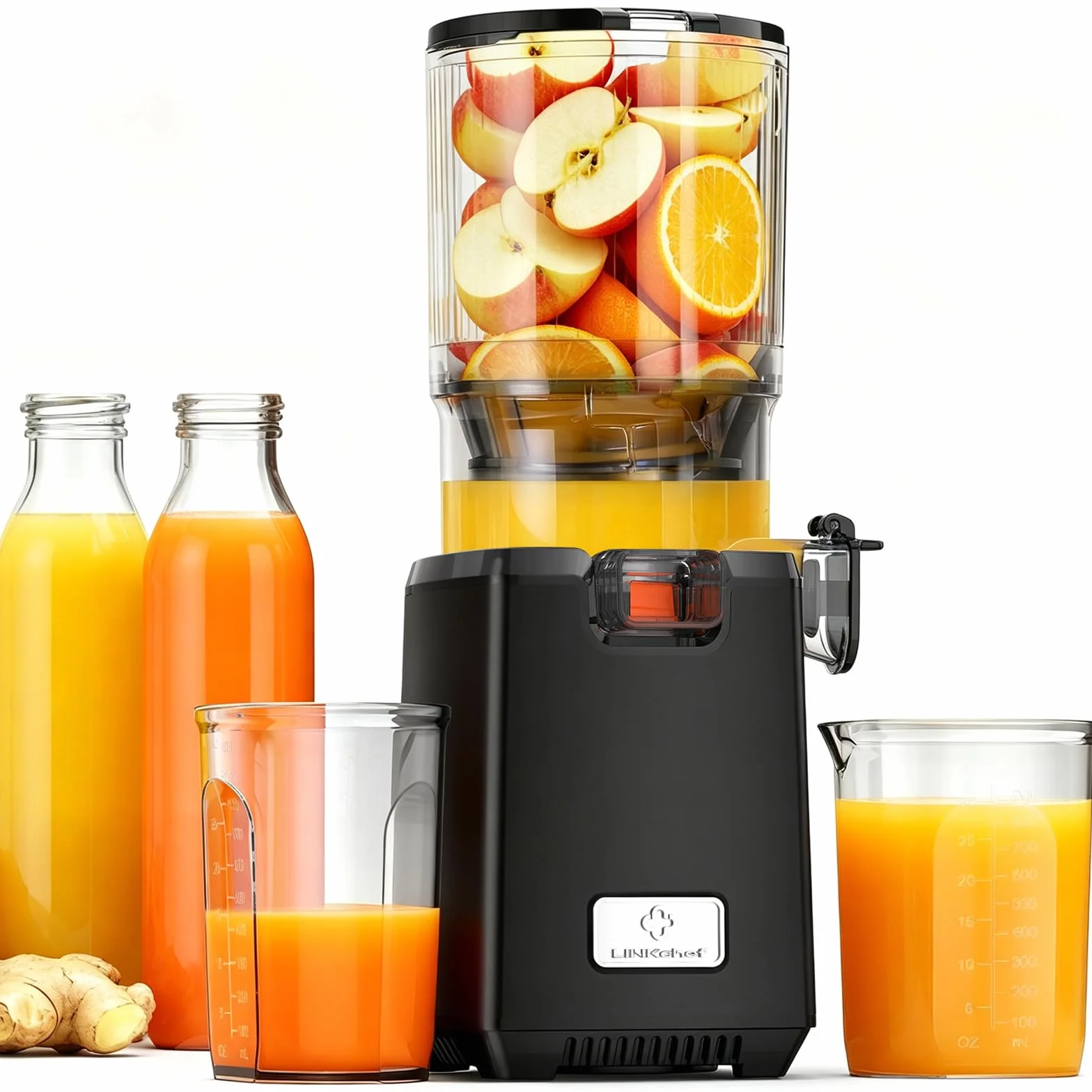 LINKChef Fruta Entera Extractor de Zumos y Verduras, 130mm Calibrey 1,8L Licuadora Prensado en Frio, 250W Extractor de Jugo Juicer Machine, Función de Masticación Inversa, Fácil de instalar y limpiar