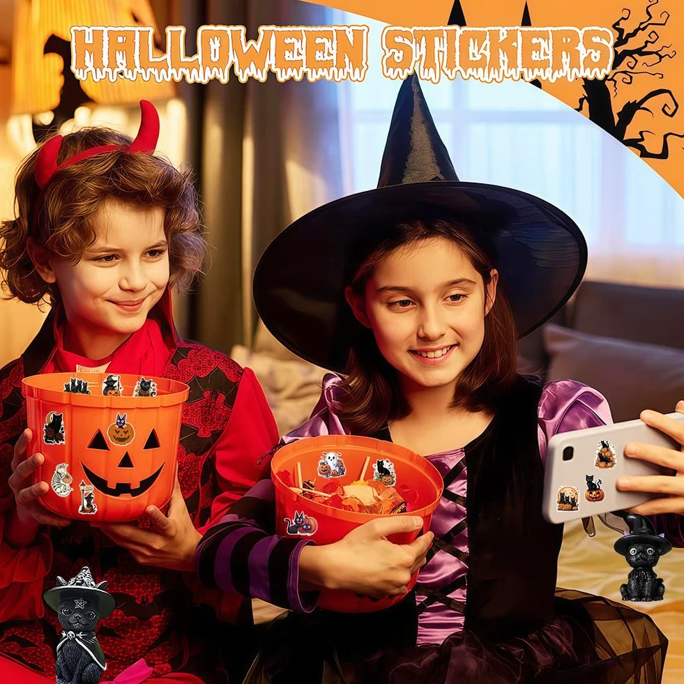 Set de Decoración de Gato-Bruja para Halloween, Figura de Resina con Sombrero de Bruja y 50 Pegatinas