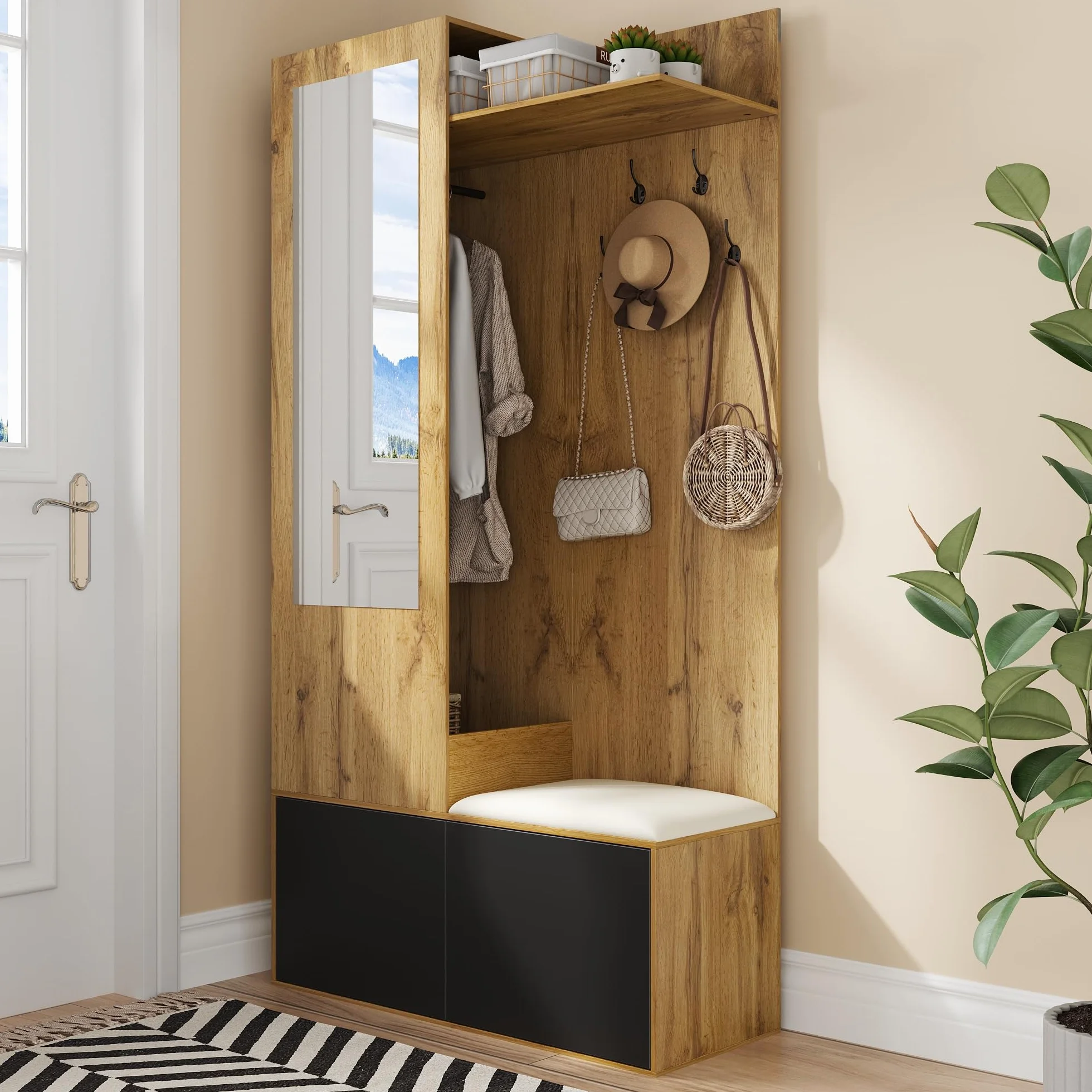 Armario Entrada con Espejo y Zapatero, Conjunto de Armario con Perchero y 5 Ganchos, Juego de Perchero con Estantes Superiores y Banco, Mueble de Entrad, 191x100x38 cm, Negro y Natural