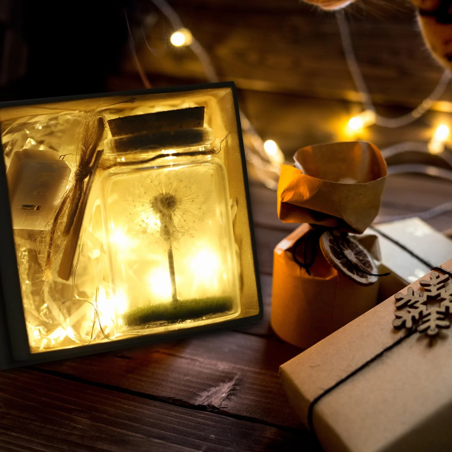 JIZZU Verdadero Diente de León en un Frasco con Cordel de Luz, Regalo Original