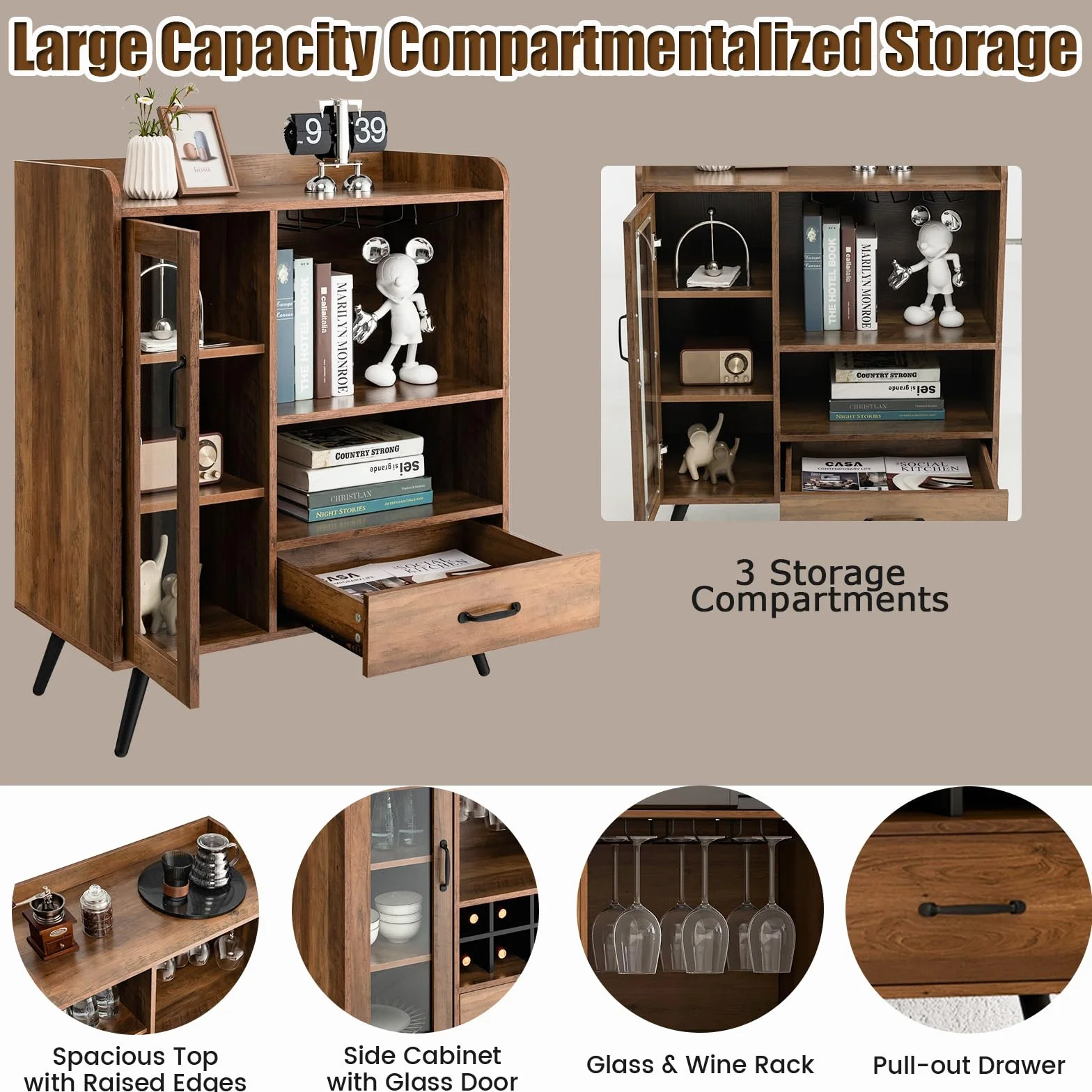 KOMFOTTEU Armario para Vino Industrial, Aparador de Cocina con Portabotellas, Soporte de Cristal, Cajón, Mueble de Almacenamiento con Puerta de Vidrio y Estante Abierto, Armario Bar 80 x 40 x 95 cm