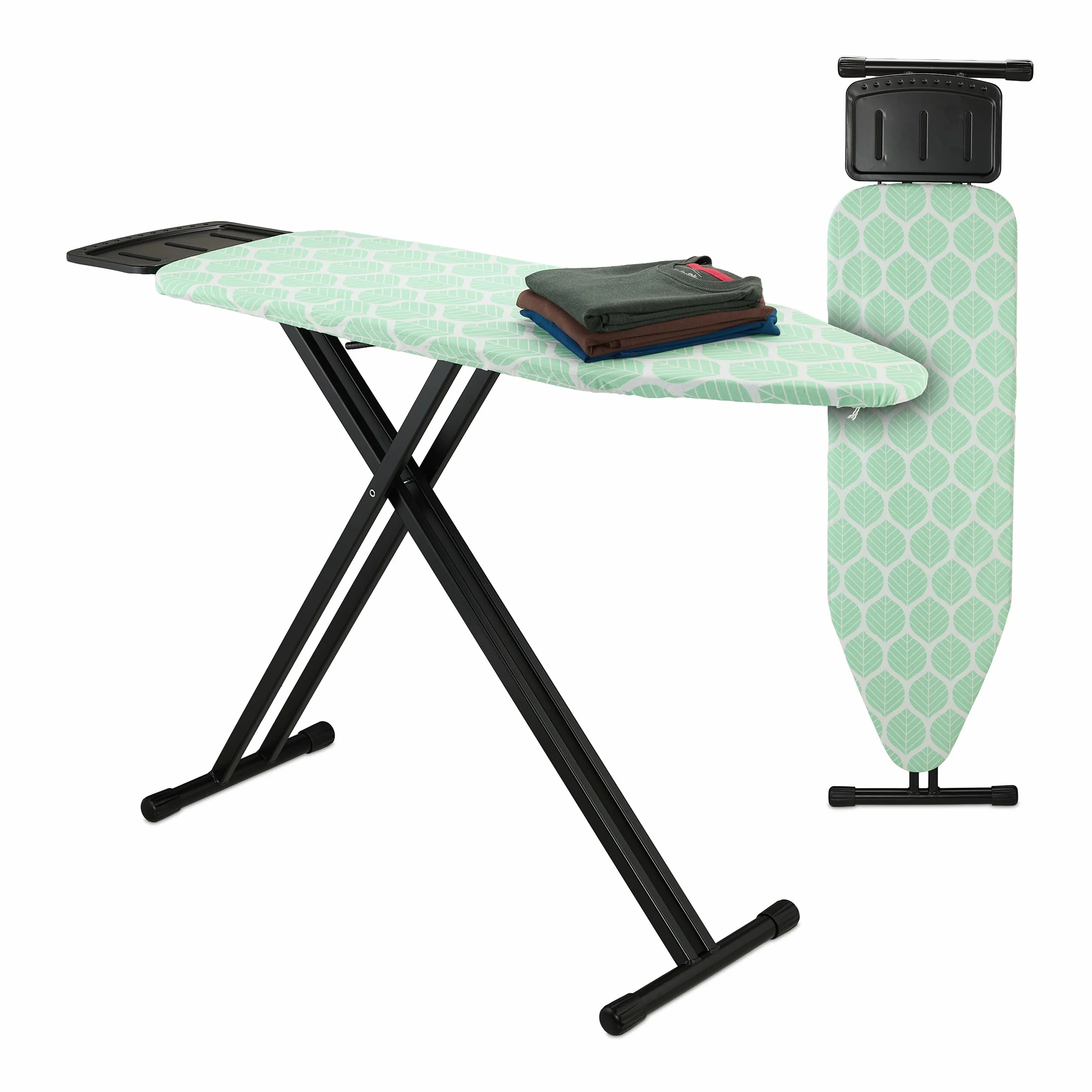 Relaxdays Tabla de Planchar para Plancha de Vapor, 123 x 39 cm, Regulable en Altura, Plegable, Estante, Verde/Negro