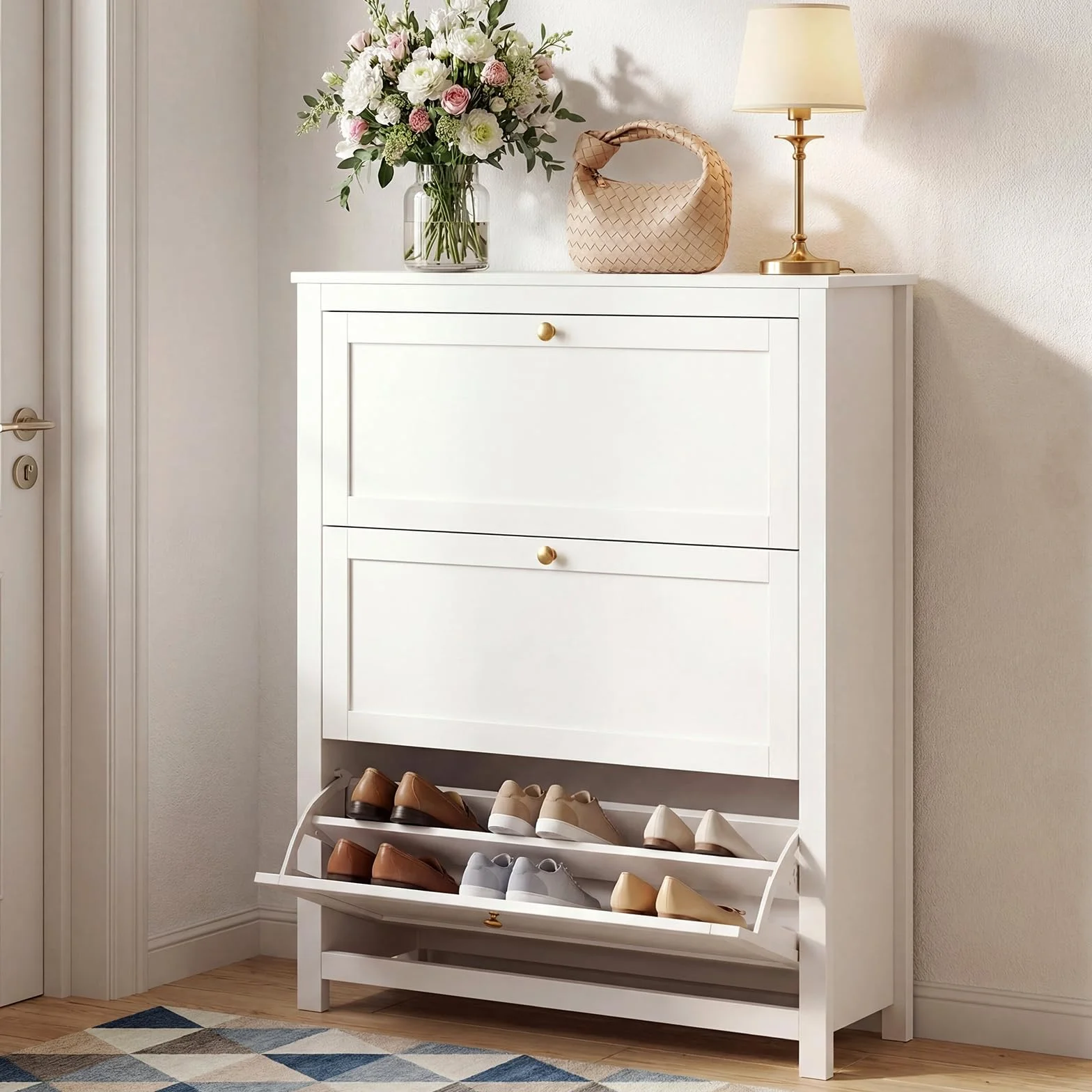 VOWNER 90cm Largo Zapatero 3 Puertas, Mueble Zapatero Estrecho Blanco, Zapatero Estrecho Entrada Recibidor, Blanco, Madera, para Entrada Estrecha, Pasillo, 90 x 30 x 110 cm,