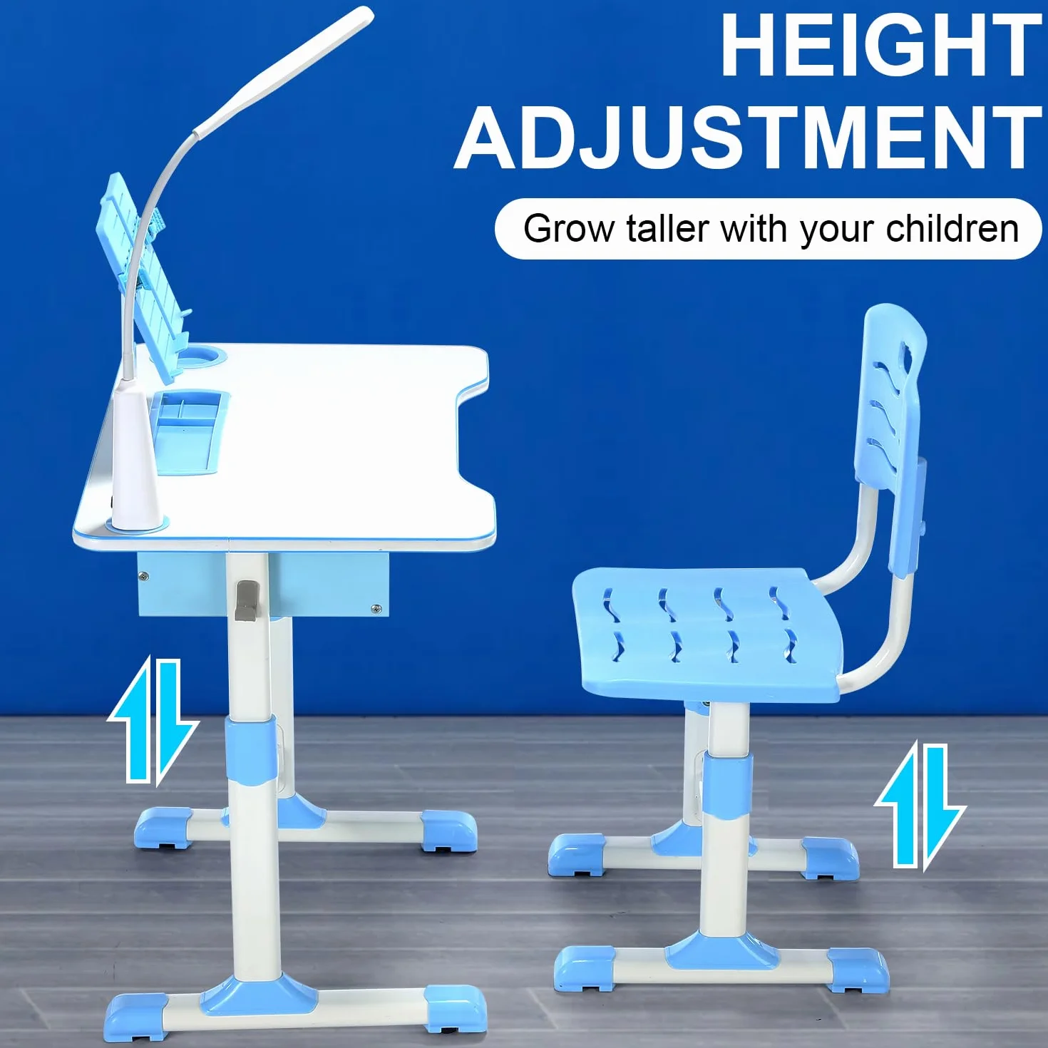 Mesa y Silla Infantil Regulables en Altura, Escritorio con Cajón, Lámpara LED, Silla Ergonómica, para Estudio desde 6 años