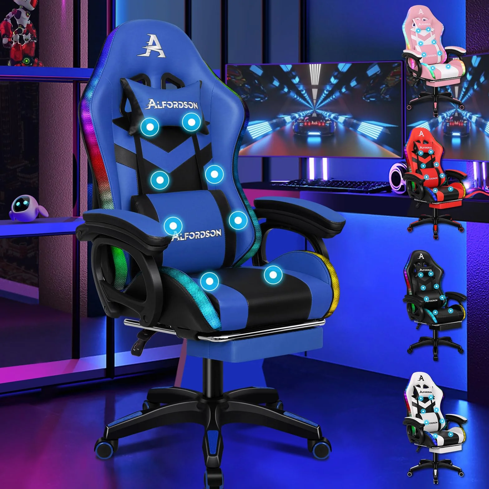 ALFORDSON Silla Gaming con RGB LED de 12 Colores y Masaje de 8 Puntos, Silla Gamer con Reposapiés, Reposacabeza y Cojín Lumbar, Silla Escritorio de Oficina Ergonomica, Piel PU, Azul
