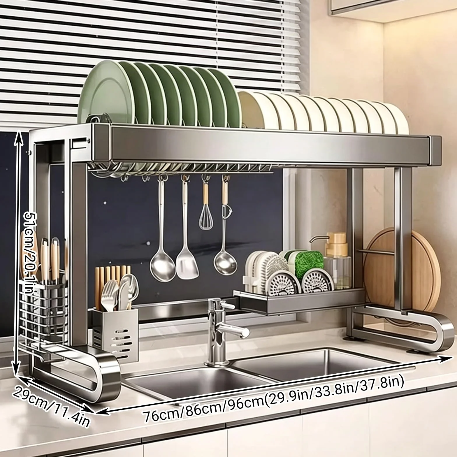 Escurreplatos sobre el Fregadero de Acero Inoxidable 304, Altura Ajustable, Ahorro de Espacio, Adecuado para el Fregadero de la Cocina, Ideal para secar Platos(Single Layer,76cm/29.9in)