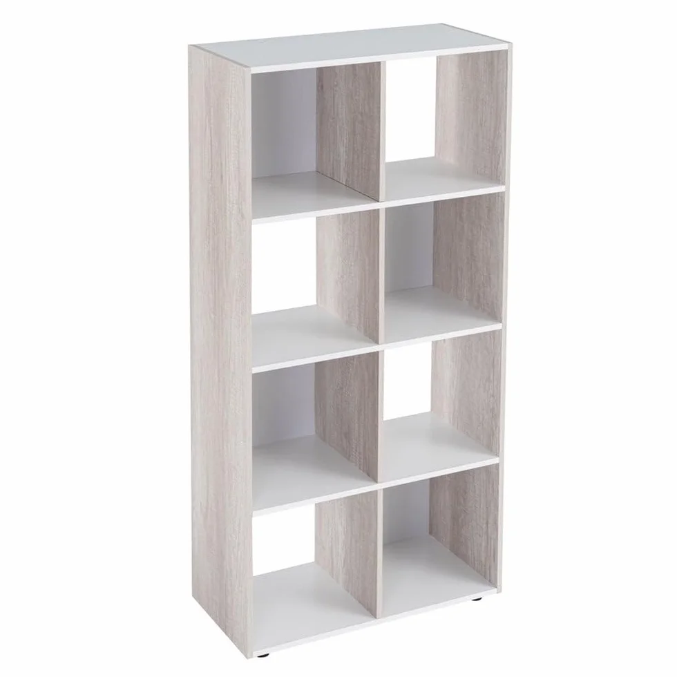 Estantería Cubo 8 huecos de laminado blanco y roble claro de 120x60x30 cm | Tablero laminado de 12 mm. Soporta 10 kg por balda. Patas regulables en altura. Medida interior de cada hueco: 28x29x28 cm