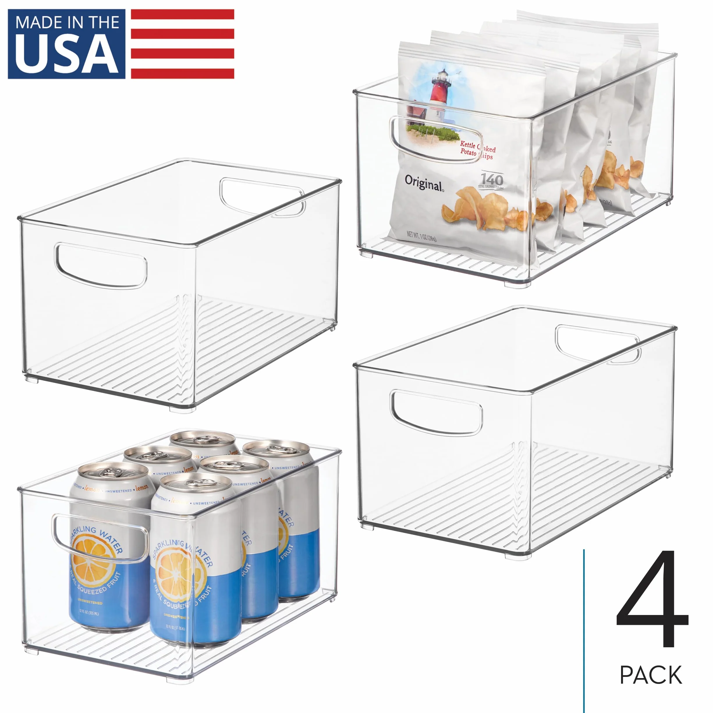 InterDesign iDesign - Contenedor apilable de plástico para despensa, organizador con asas para armarios o nevera, juego de 4, transparente