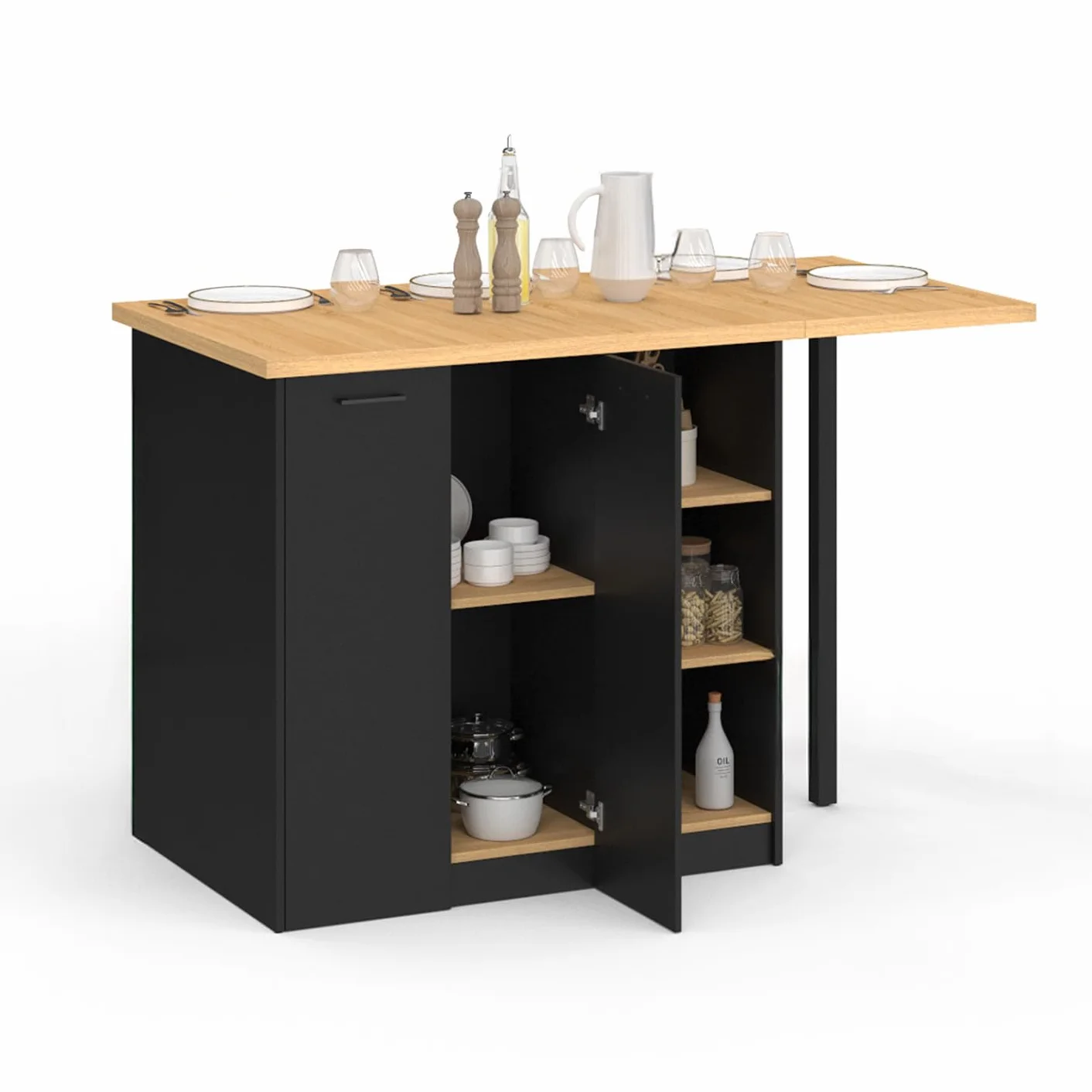 IDMarket – Ilot Central Cesar 140 cm madera negra con encimera de haya