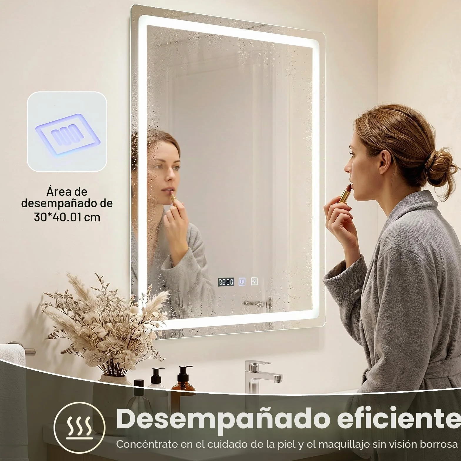 Espejo de baño con iluminación 60 x 80 cm, espejo LED con 3 colores de luz regulable, antivaho, espejo de pared LED horizontal/vertical para baños, lavabos (60 x 80 cm)