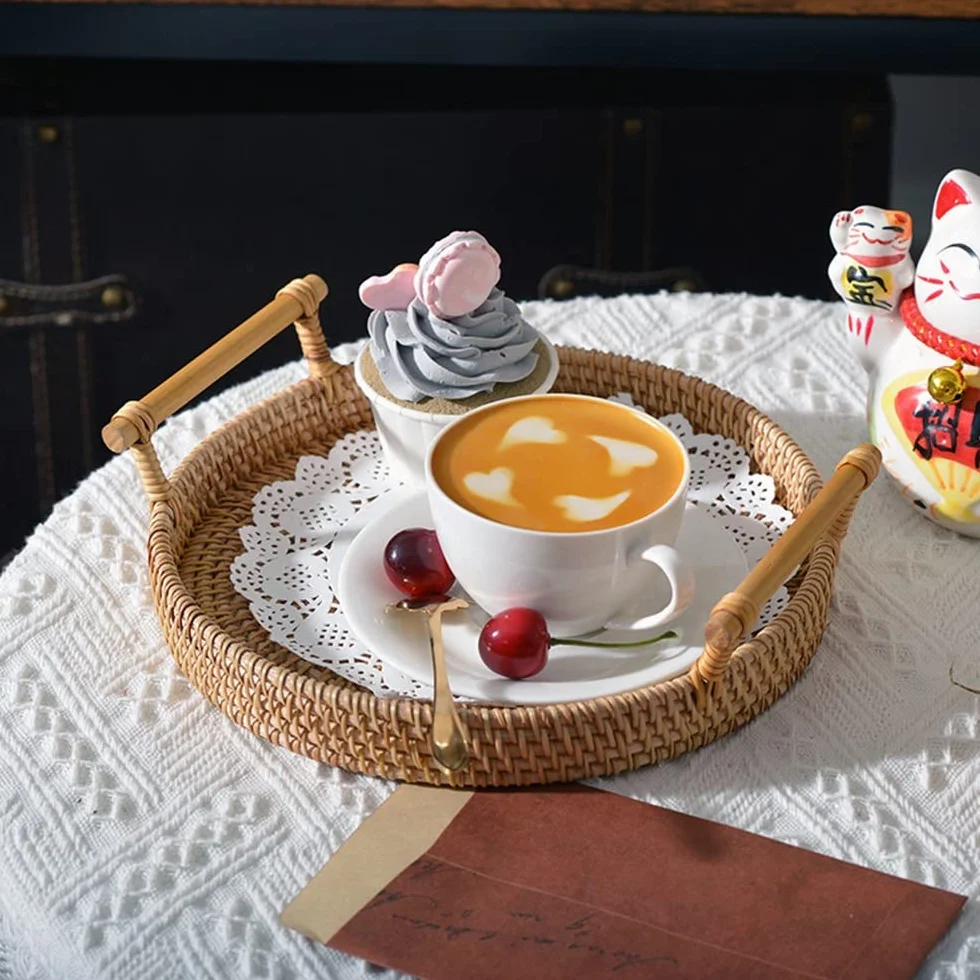 Cestas de Almacenamiento, Bandeja de Cestas Cesta de Mimbre Cesta de Picnic Tejida de Sauce Bandeja de Almacenamiento de ratán Tejida a Mano con Mango de Madera Bandejas de té (Color : A, Size : One S