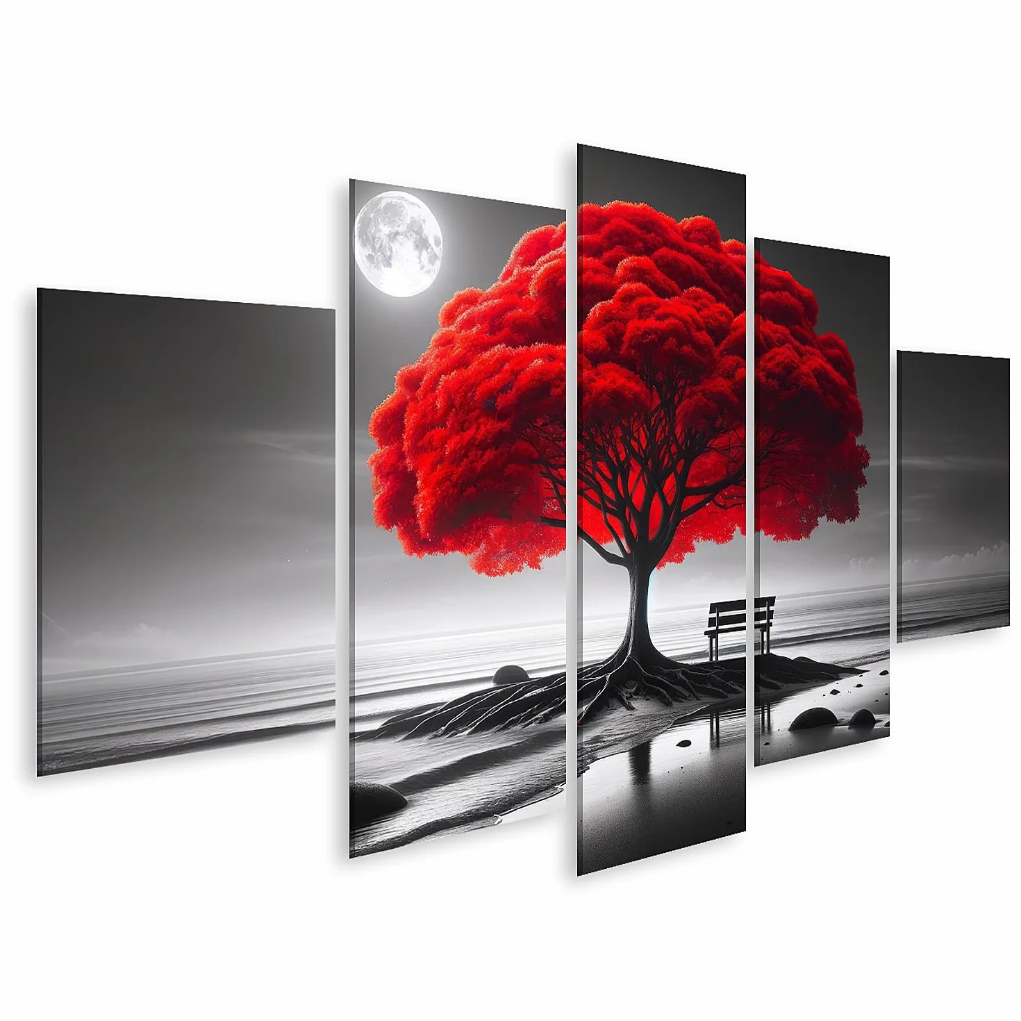 islandburner Cuadro sobre lienzo Árbol Rojo Brillante En Una Playa Monocromática Con Luna Cuadros Murales Póster
