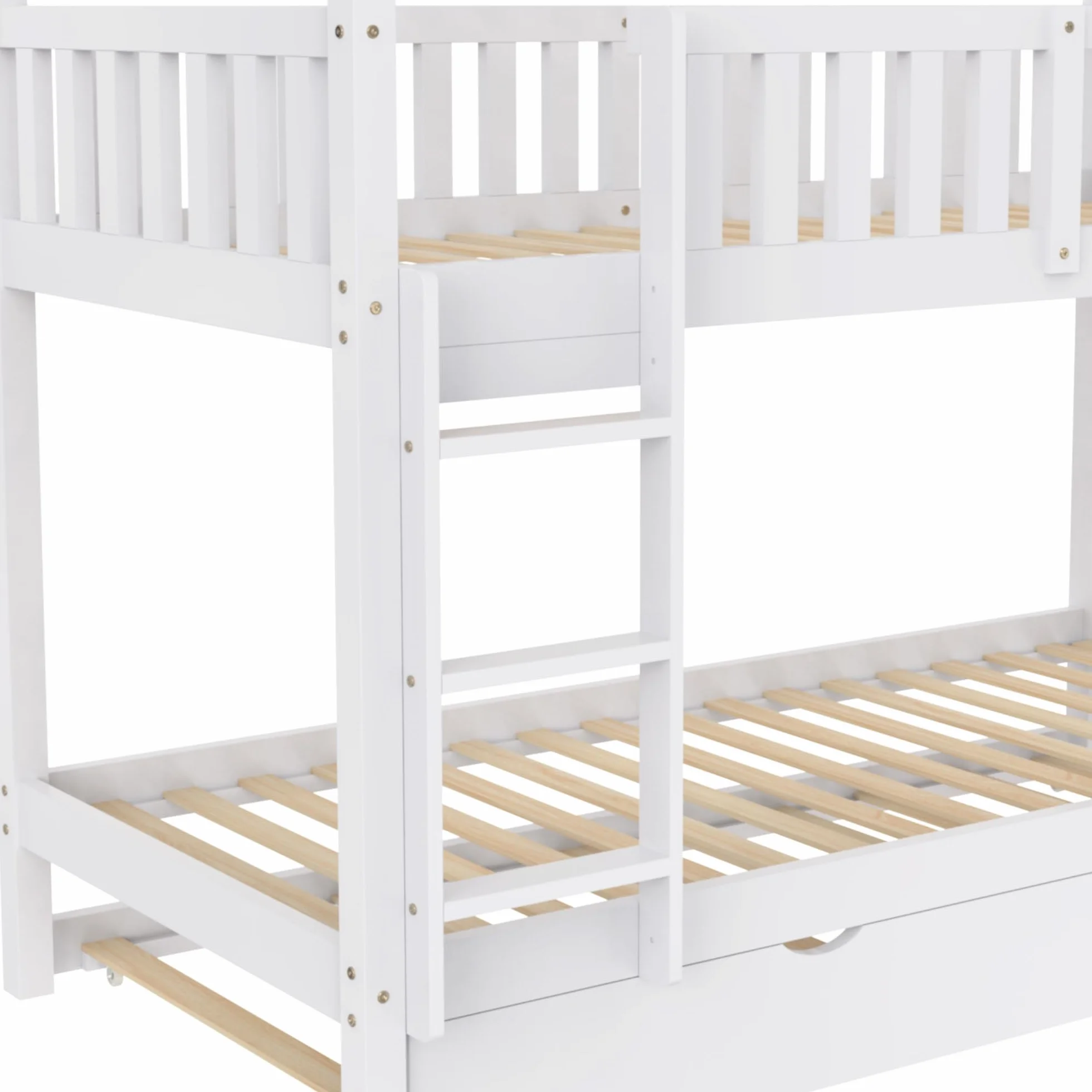 Moimhear Cama para niños House Bed 90 x 200 cm, cama juvenil, tres camas, extensible, diseño que ahorra espacio, color blanco