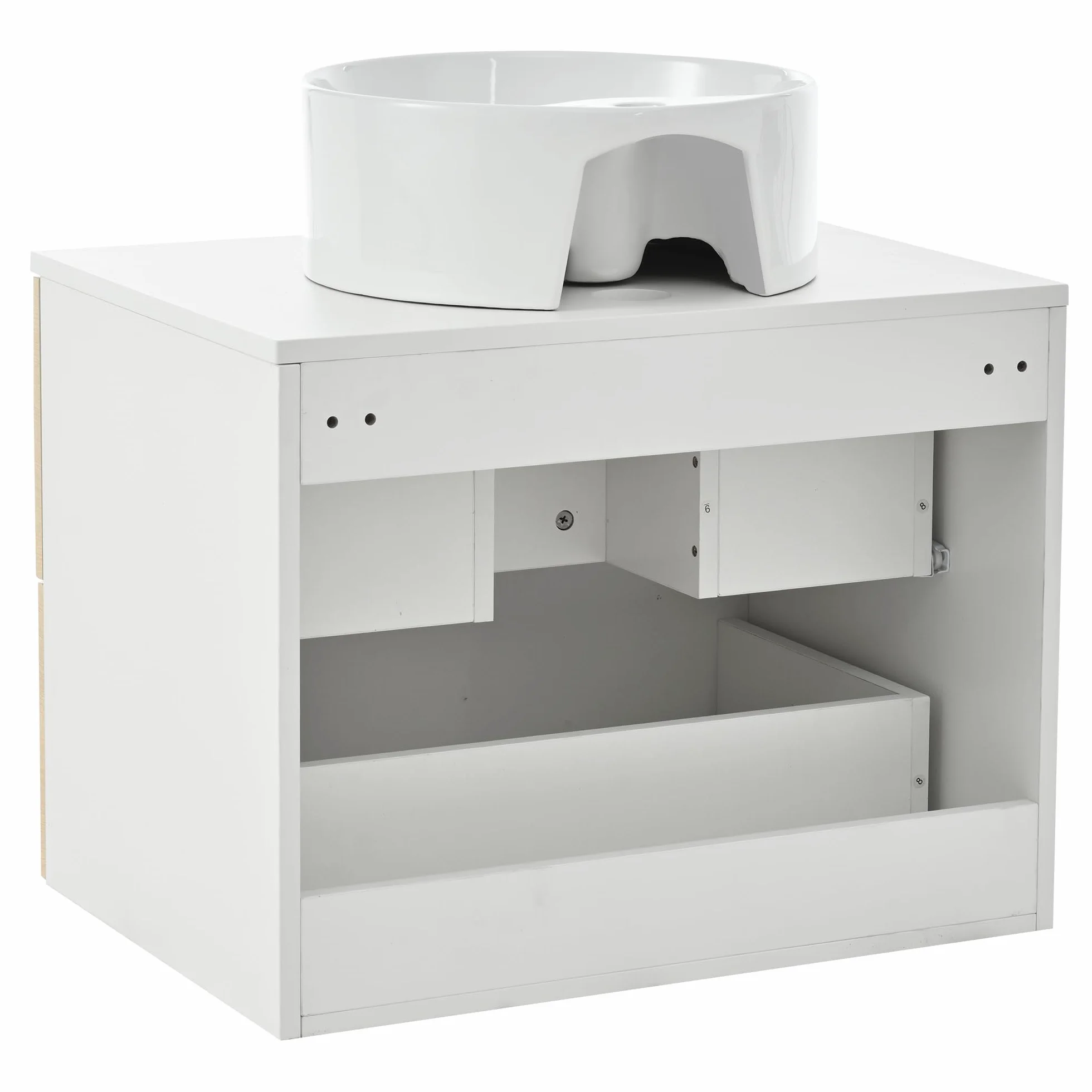 Mueble de baño redondo de cerámica de 60 cm montado en la pared con cajones de madera con diseño de rayas, tablero MDF, capacidad de almacenamiento: 2 cajones + encimera, madera natural