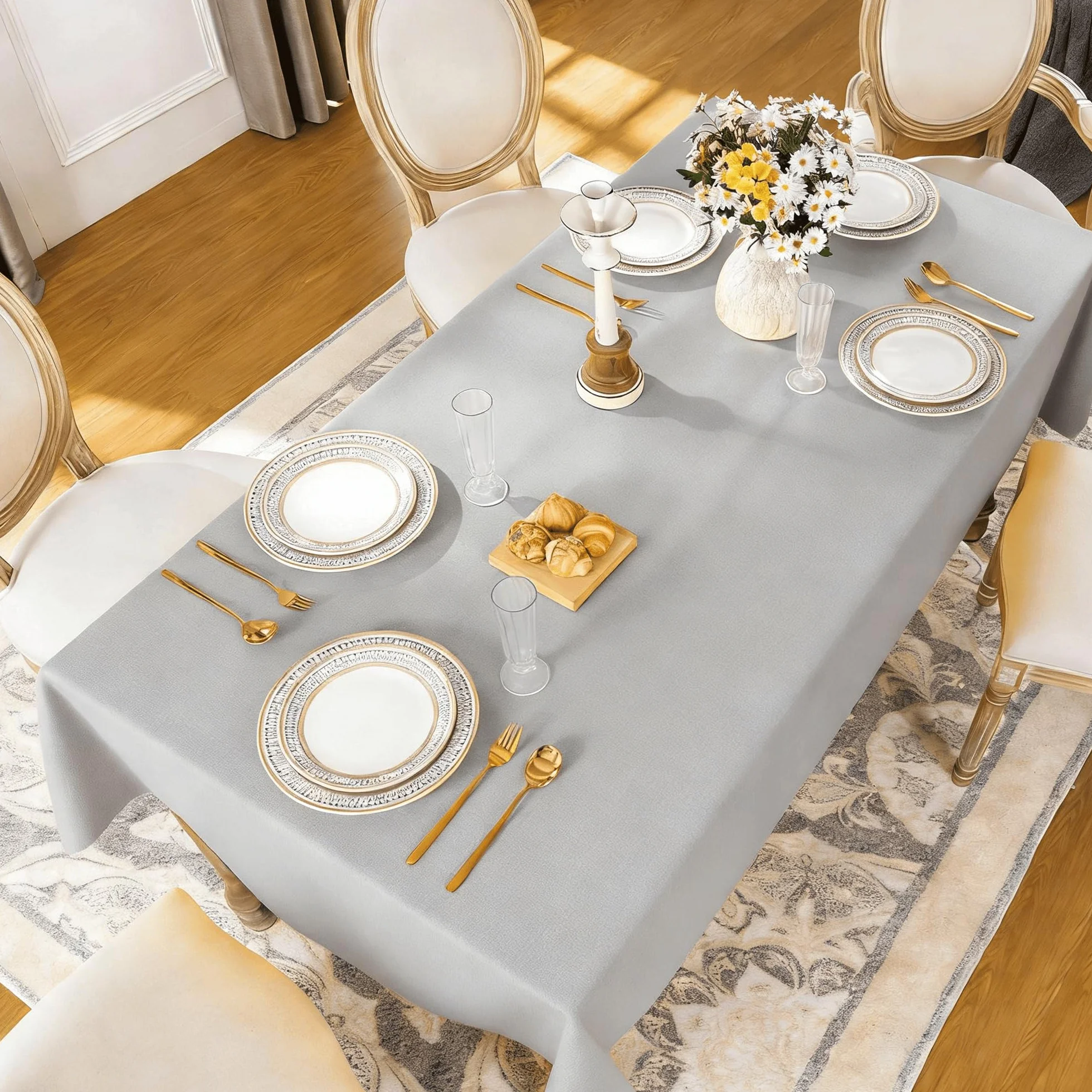 Hule Antimanchas 110 x 250 cm Repelente Al Agua, Antimanchas, Lavable Manteles Mesa Rectangular Resistente y Fácil de Limpiar para Banquetes para Todo El Año, Gris Claro
