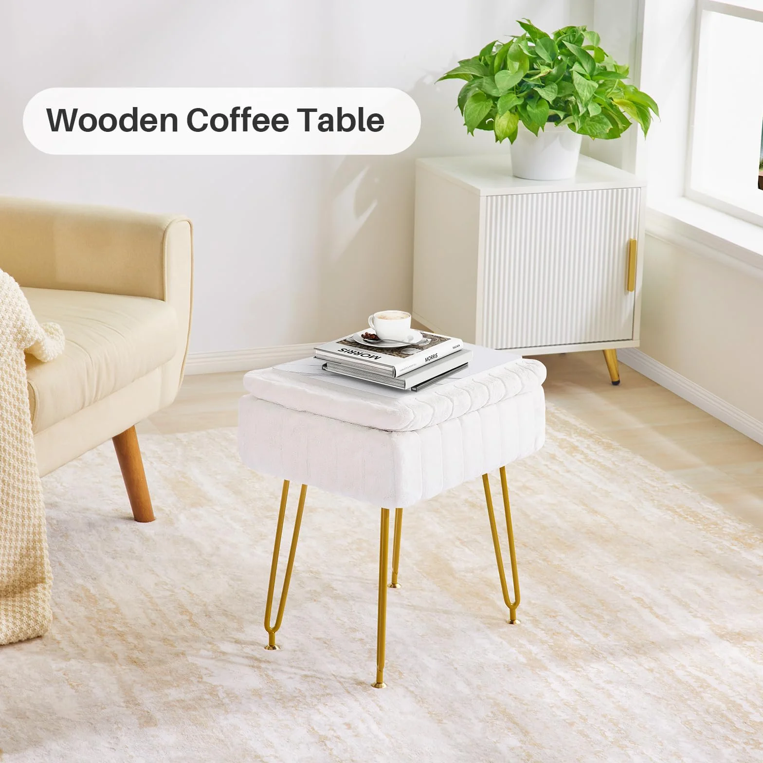Redlife Taburete De Tocador con Almacenamiento, Sillón De Tocador De Piel Sintética, Reposapiés Otomano, Sillón De Tocador De Maquillaje para Dormitorio (Blanco)