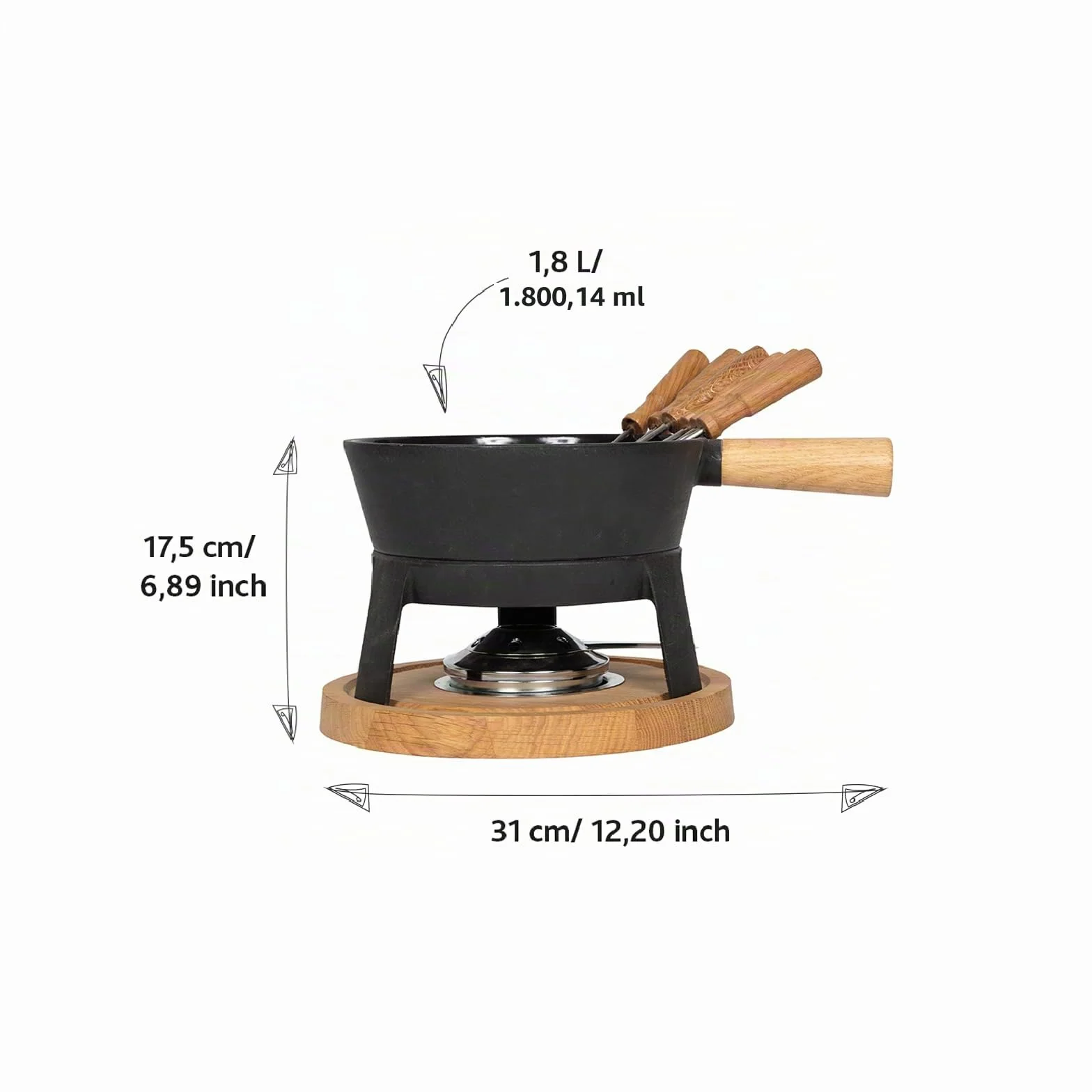 BOSKA Juego de fondue Pro L - Juego de fondue de alta calidad - Juegos de fondue de queso - Olla de fondue de hierro fundido - Adecuado para cualquier estufa - Incluye 6 tenedores de fondue de madera
