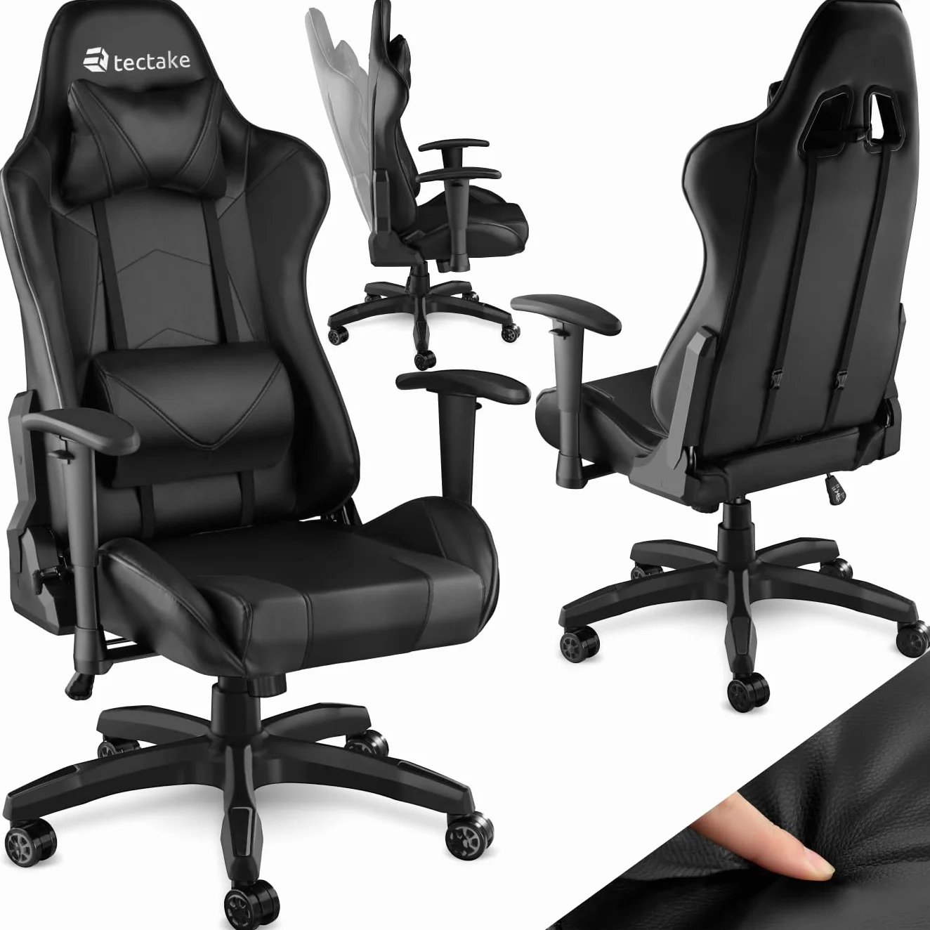 tectake® Silla Escritorio, Silla Ergonómica con Reposabrazos Ajustables, Silla de Estudio Moderna, Silla con Reposacabezas y Cojín Lumbar Extraíbles, Mecanismo Basculante, Rotación 360° - Negro/Negro
